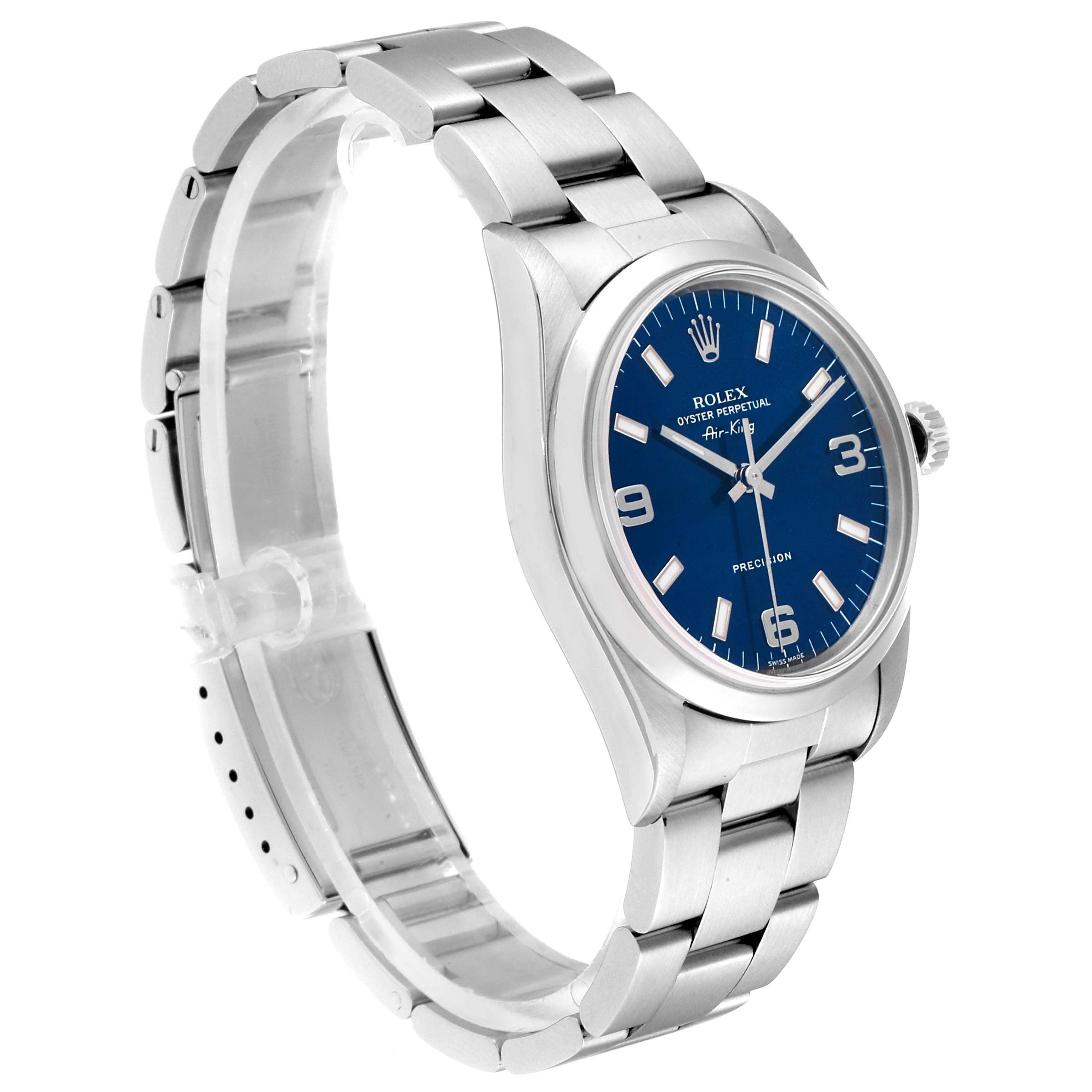 This image shows a Rolex Air-King 14000 Men's Stainless Steel Blue Dial 14000 Men's Stainless Steel Blue Dial watch at a left-side angle, featuring its face, bracelet, and crown.