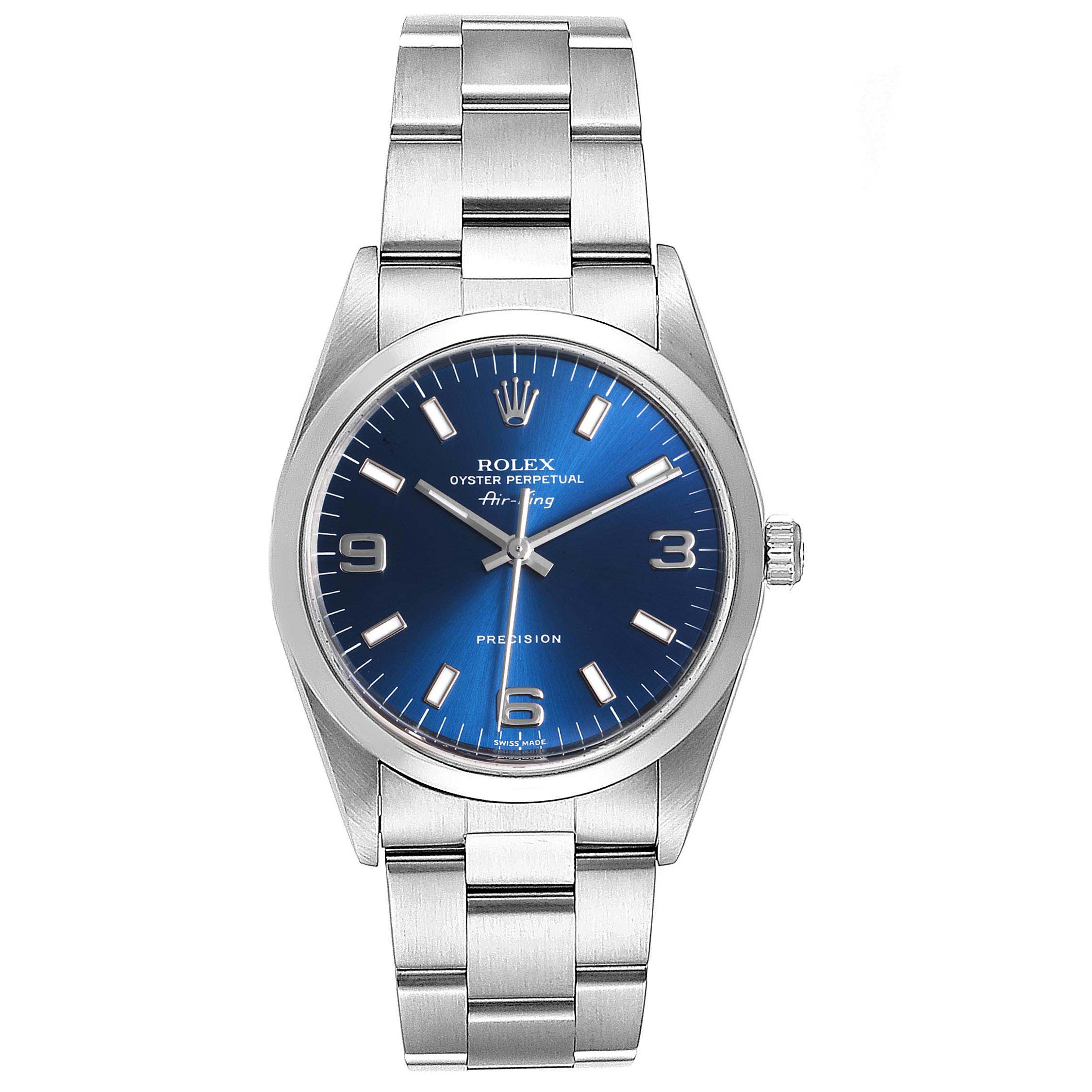 The image shows a front view of a Rolex Air-King 14000 Men's Stainless Steel Blue Dial 14000 Men's Stainless Steel Blue Dial watch, highlighting its blue dial, stainless steel case, and bracelet.