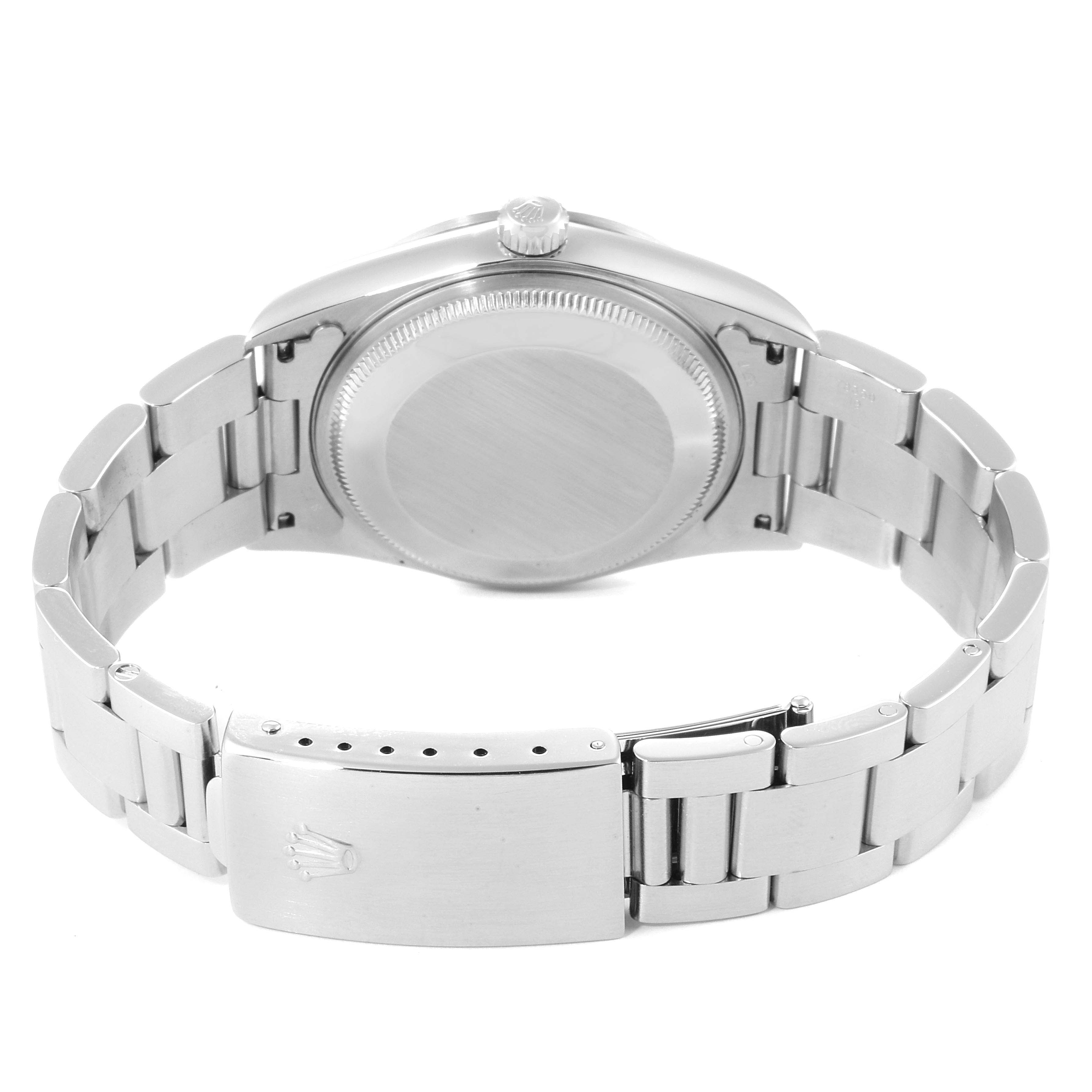 The image shows the back of a Rolex Air-King 14000 Men's Stainless Steel Blue Dial 14000 Men's Stainless Steel Blue Dial watch, including the bracelet, clasp, and case back.