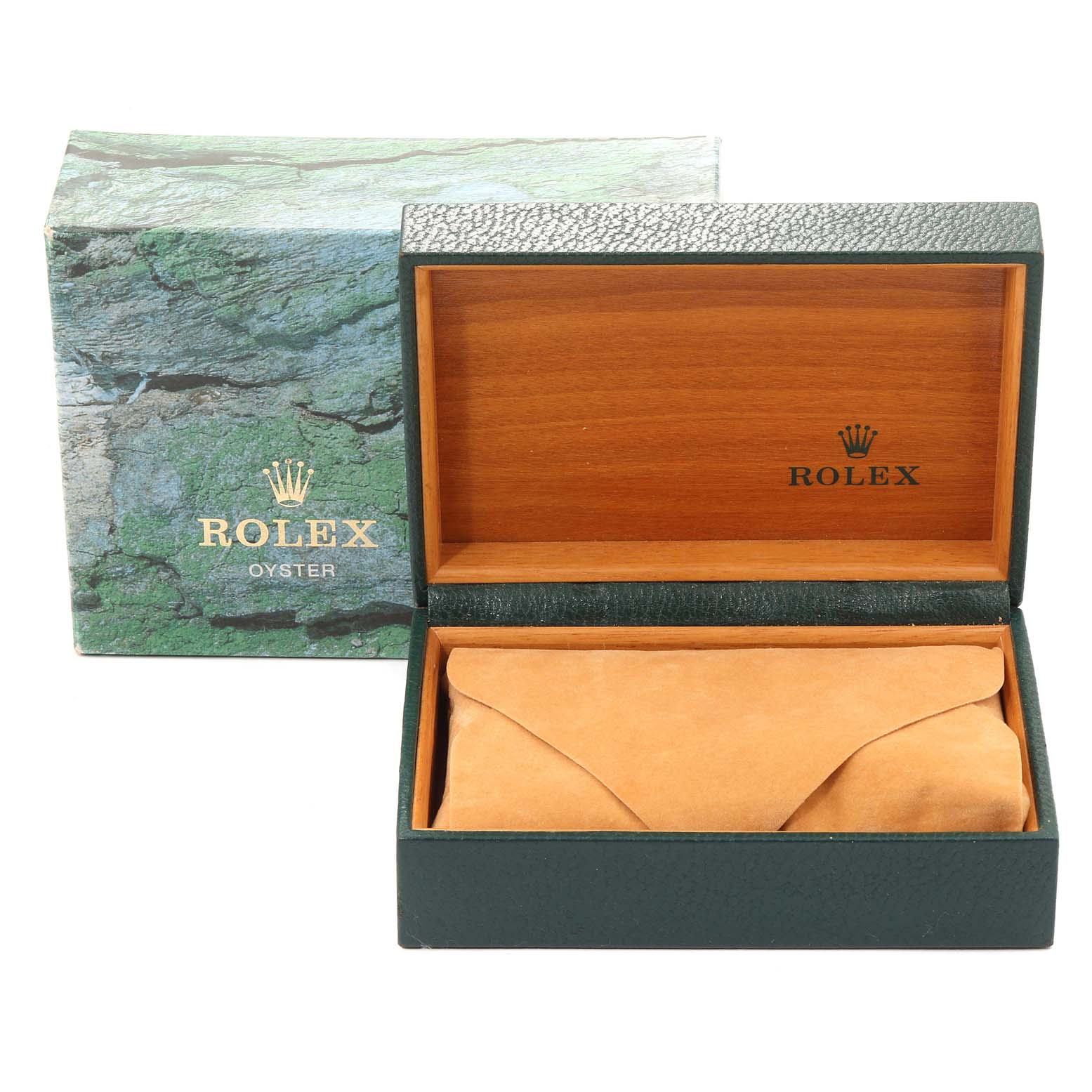 The image shows a Rolex Air-King 14000 Men's Stainless Steel Blue Dial 14000 Men's Stainless Steel Blue Dial model box and accessory case, with the box open, displaying its interior.