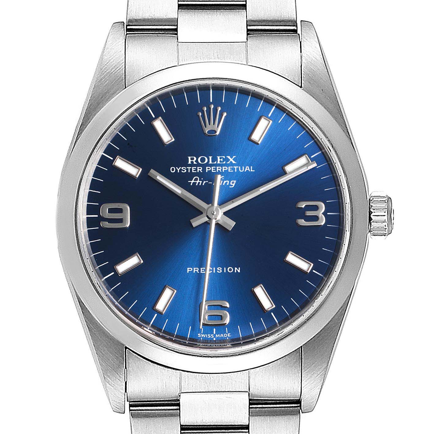 This image shows a Rolex Air-King 14000 Men's Stainless Steel Blue Dial 14000 Men's Stainless Steel Blue Dial watch from a front angle, highlighting its dial, crown, and part of the bracelet.