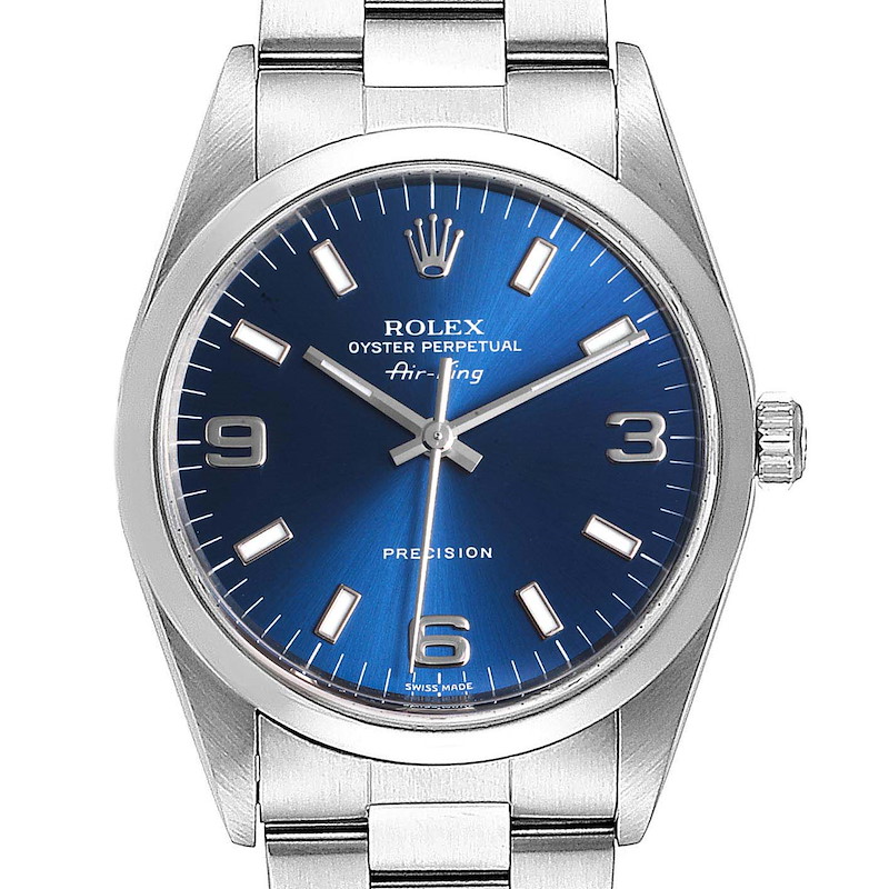 Rolex Air King 34 Blue Baton Dial Domed Bezel Steel Mens Watch 14000 SwissWatchExpo