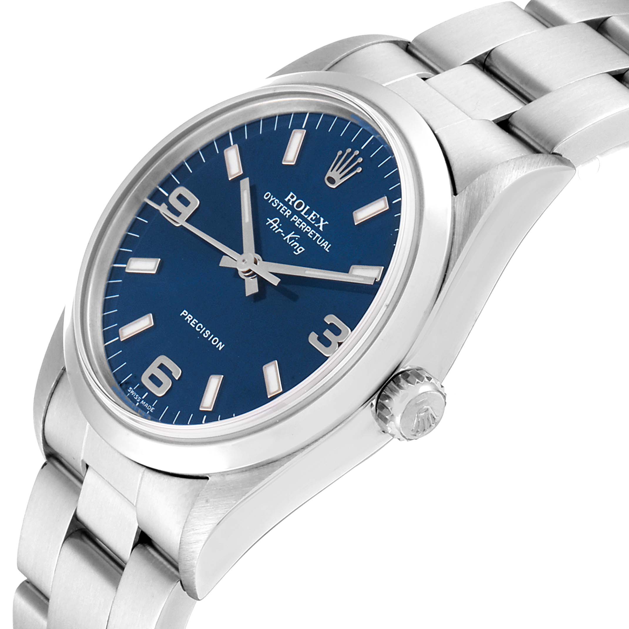 The Rolex Air-King 14000 Men's Stainless Steel Blue Dial 14000 Men's Stainless Steel Blue Dial watch is shown at an angle displaying the dial, crown, and bracelet.