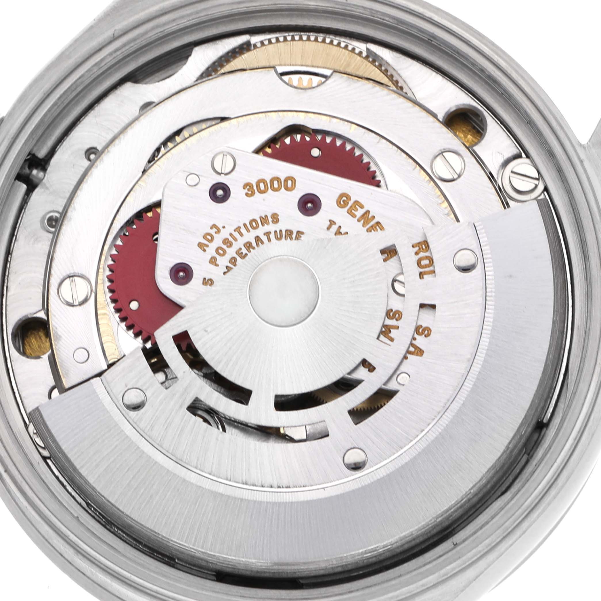 The image shows the movement of a Rolex Air-King 14010 Men's Stainless Steel White Dial 14010 Men's Stainless Steel White Dial, highlighting its internal components and rotor from a top-down angle.