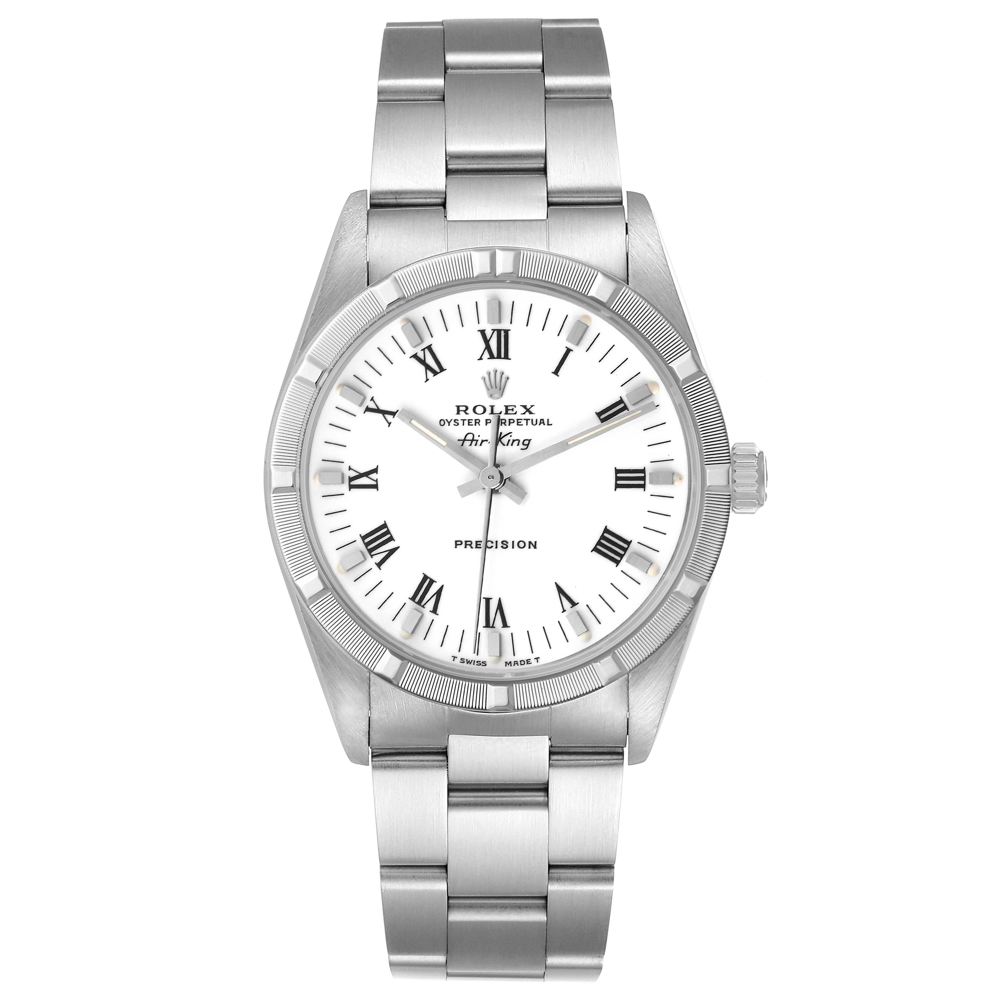 The Rolex Air-King 14010 Men's Stainless Steel White Dial 14010 Men's Stainless Steel White Dial watch is shown from a front angle, displaying its face, bezel, and stainless steel bracelet.