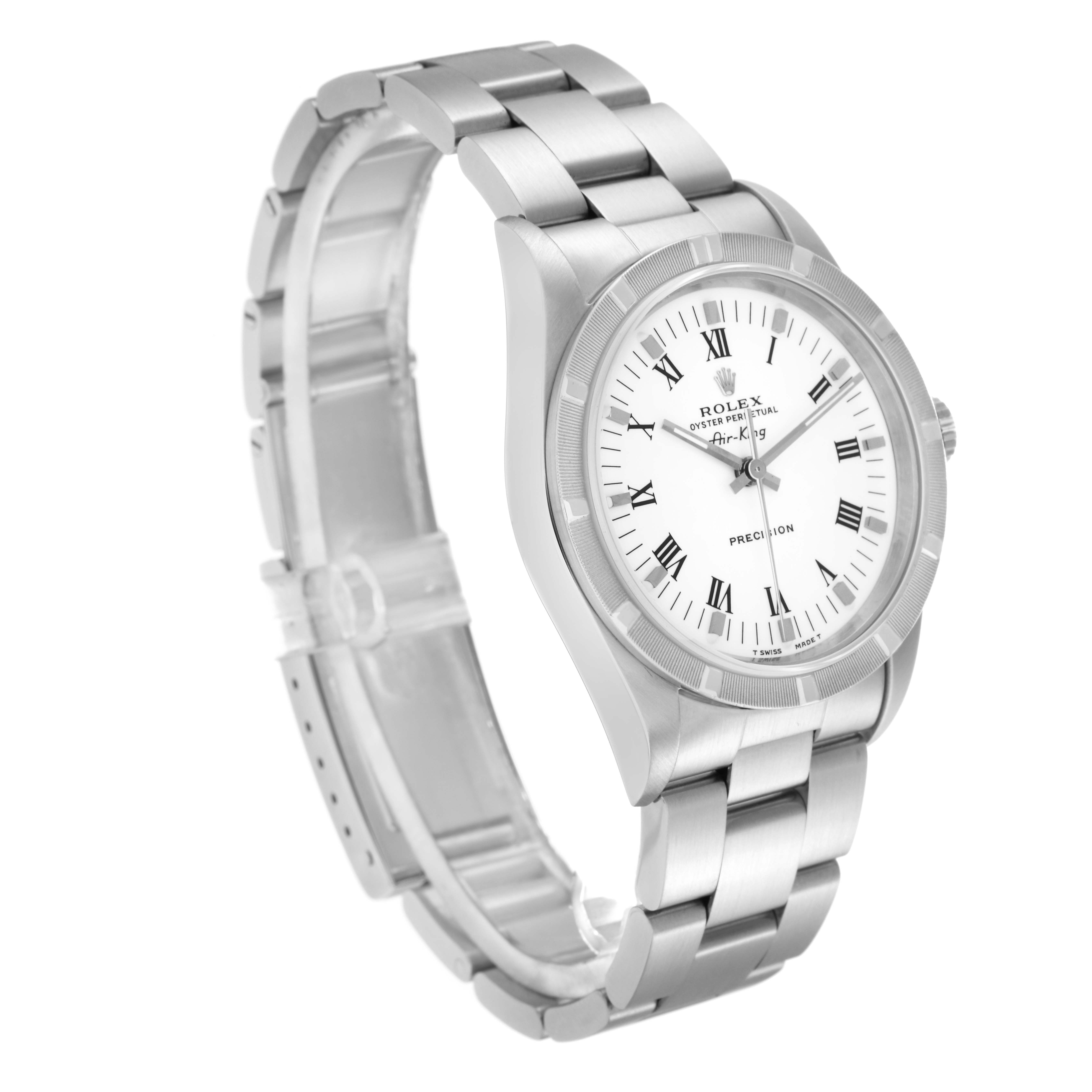 The Rolex Air-King 14010 Men's Stainless Steel White Dial 14010 Men's Stainless Steel White Dial watch is shown at a three-quarter angle, displaying the bracelet, case, and white dial with Roman numerals.