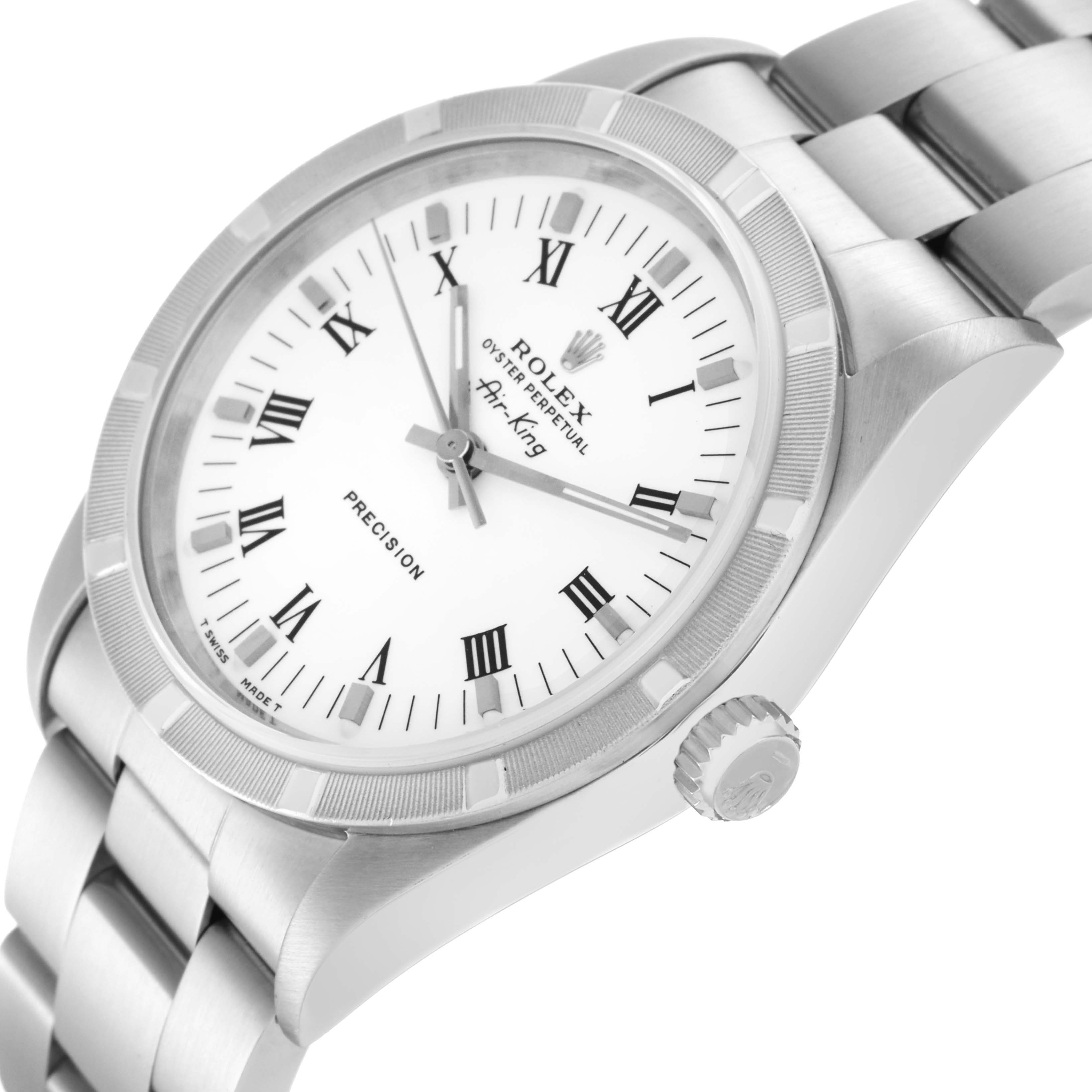 The Rolex Air-King 14010 Men's Stainless Steel White Dial 14010 Men's Stainless Steel White Dial watch is shown at an angled view, displaying the dial, bezel, and part of the bracelet.