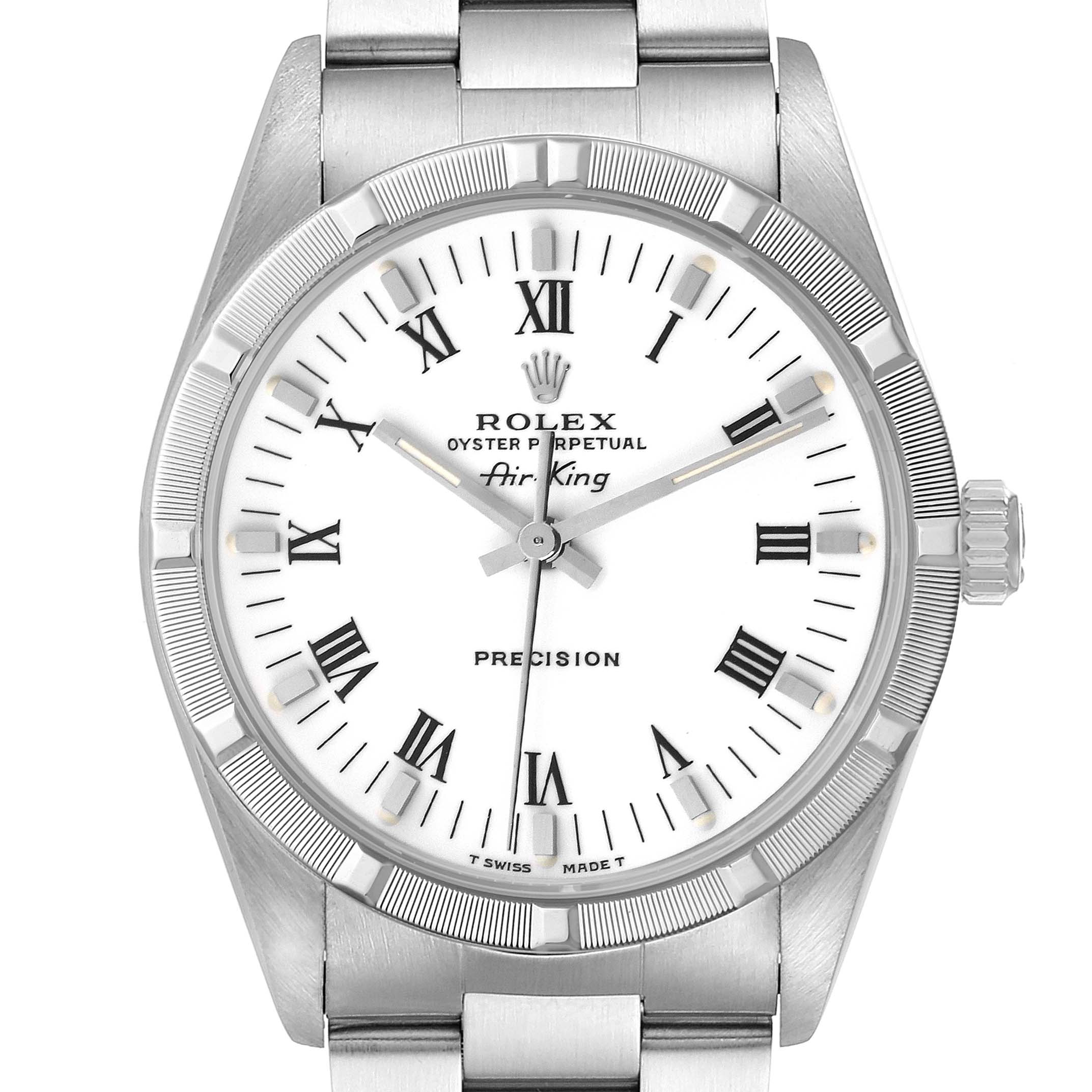 The Rolex Air-King 14010 Men's Stainless Steel White Dial 14010 Men's Stainless Steel White Dial watch is shown from the front, displaying the dial, case, and part of the bracelet.