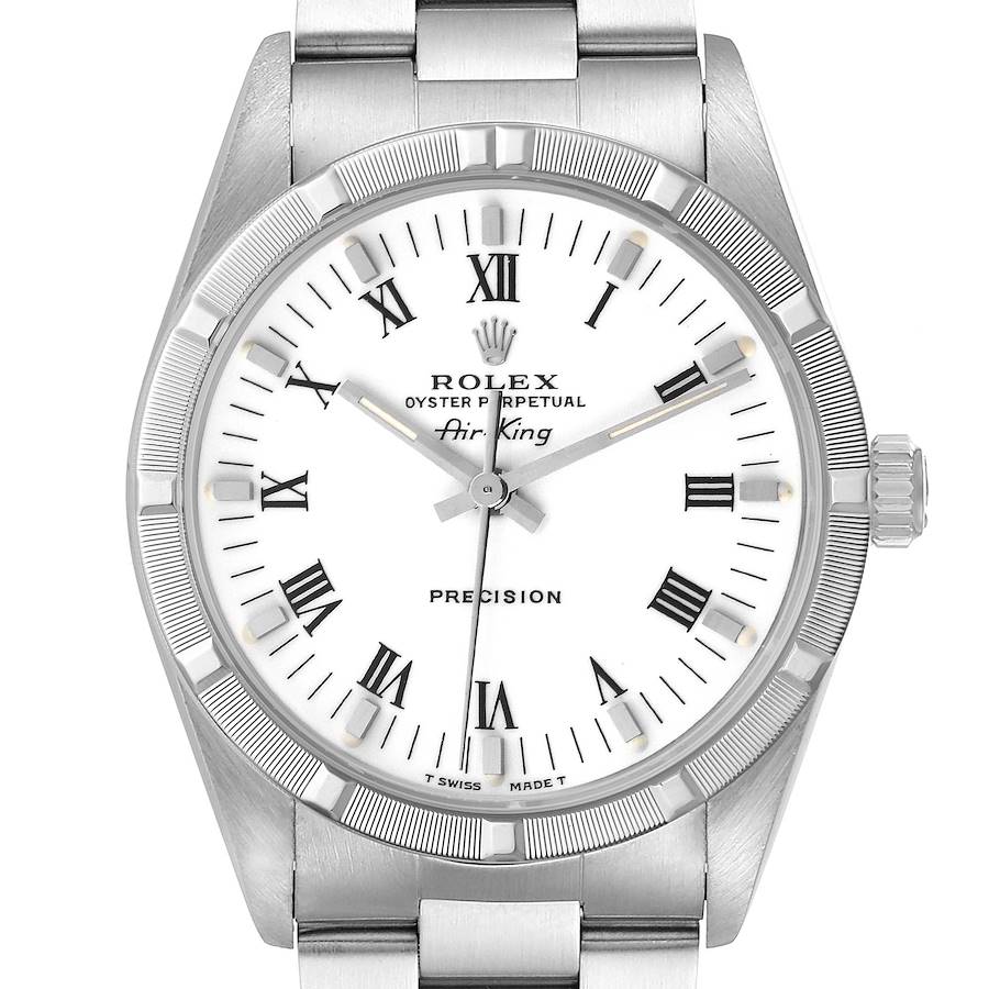 The Rolex Air-King watch is shown from the front, displaying the dial, case, and part of the bracelet.