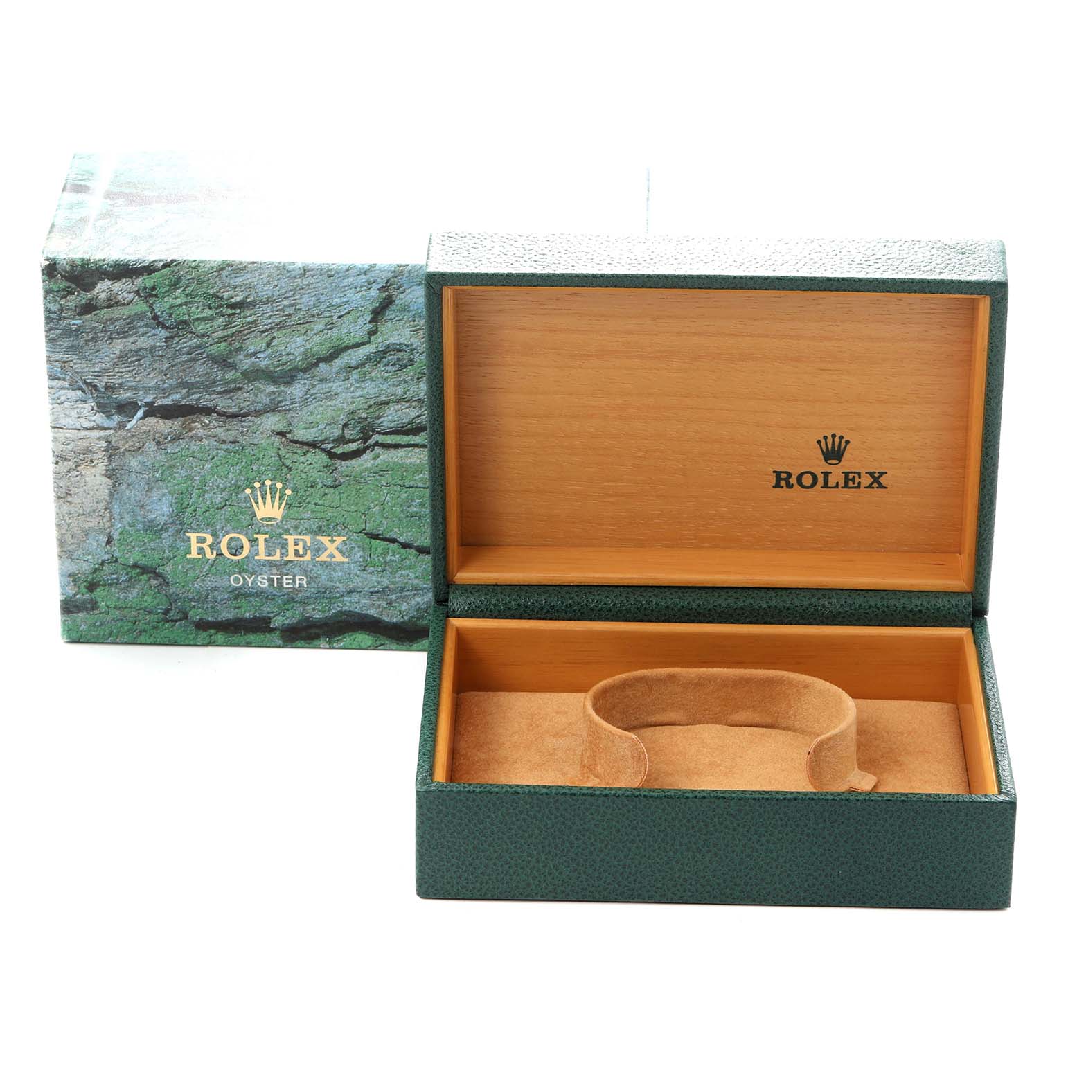 The image shows an open Rolex Air-King 14010 Men's Stainless Steel White Dial 14010 Men's Stainless Steel White Dial watch box with its lid raised and an outer decorative box beside it.