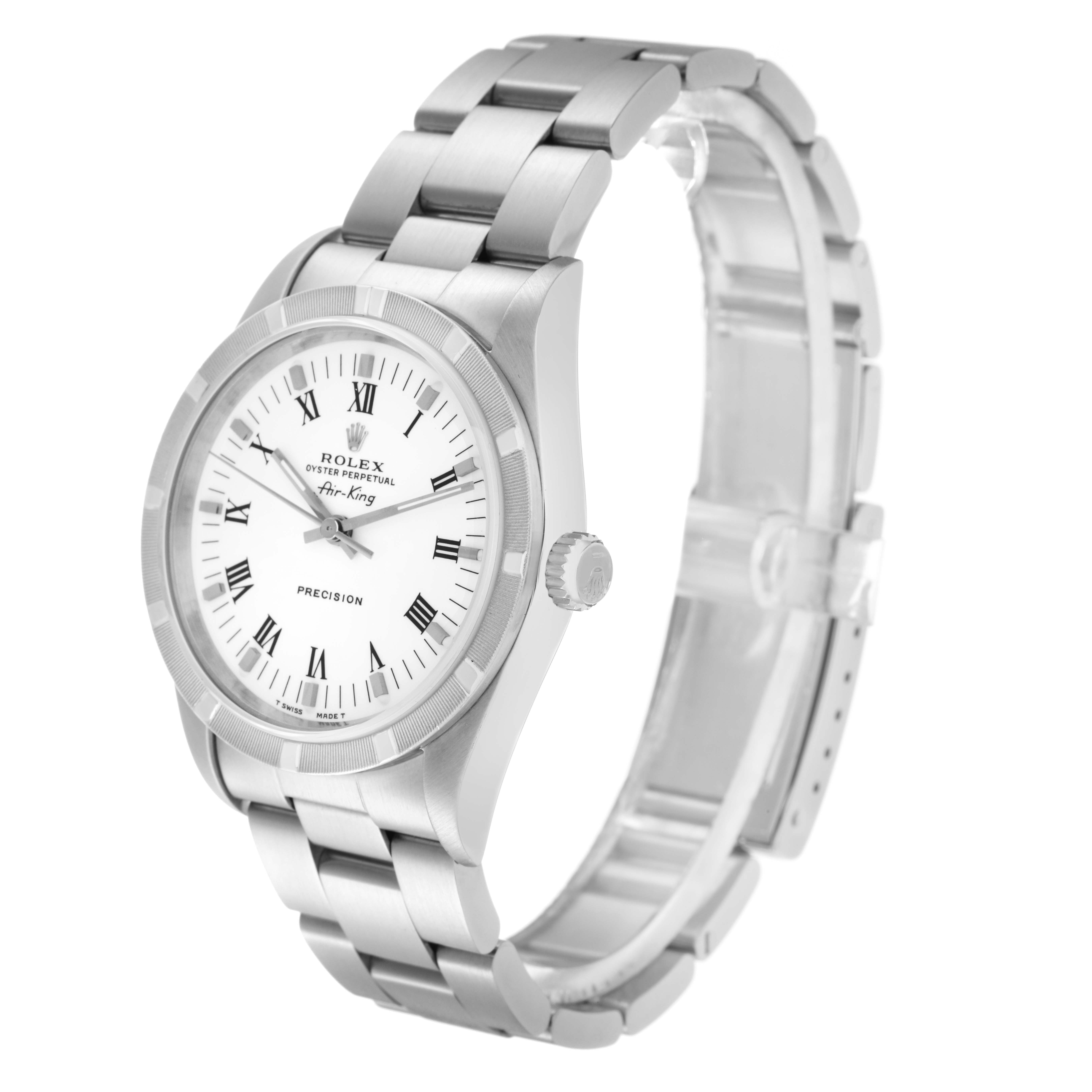 The Rolex Air-King 14010 Men's Stainless Steel White Dial 14010 Men's Stainless Steel White Dial watch is shown at a three-quarter angle, highlighting the face, bezel, and bracelet.