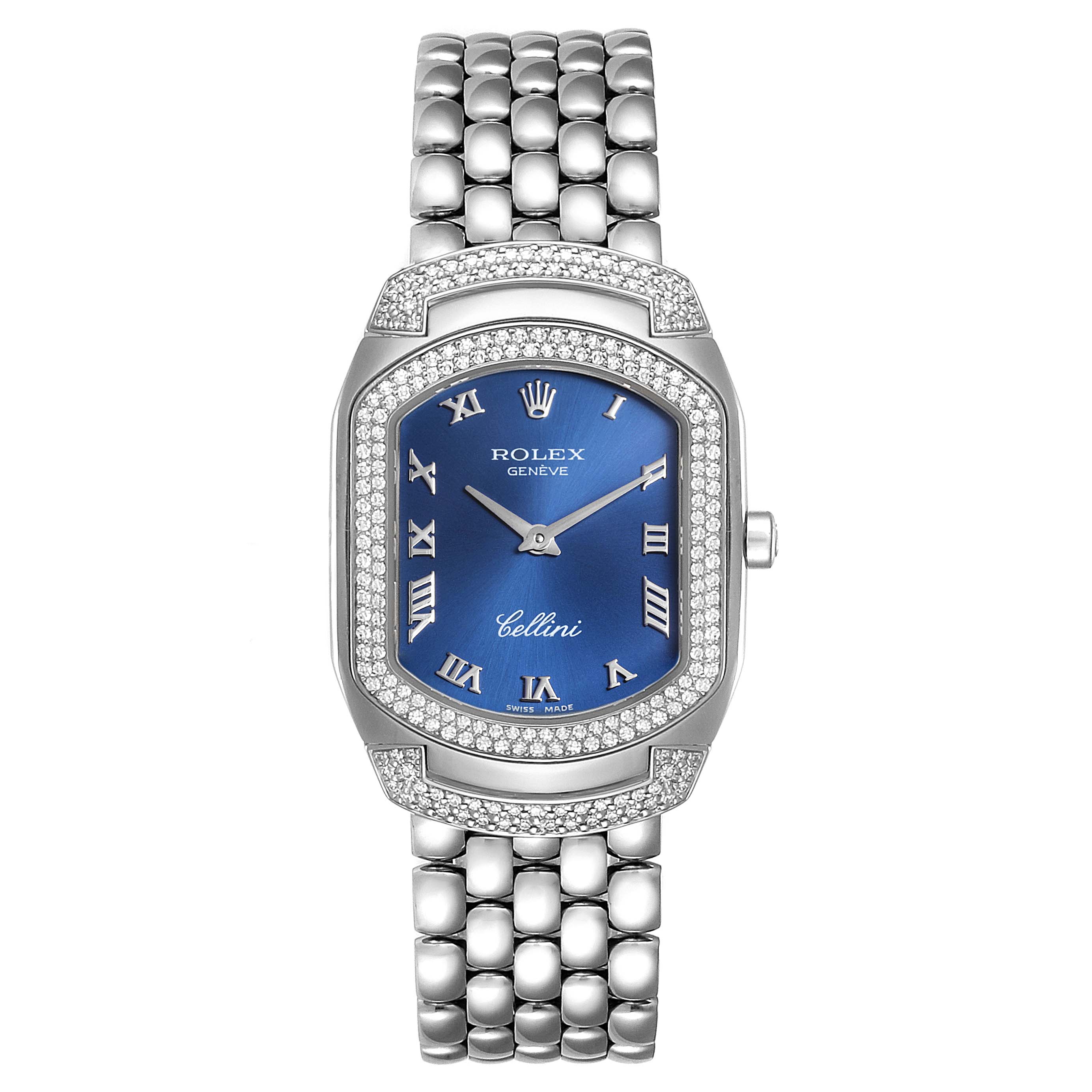 The Rolex Cellini 6693 Women's White Gold Blue Dial 6693 Women's White Gold Blue Dial model watch is shown from a front angle, displaying its face, bezel, and bracelet.