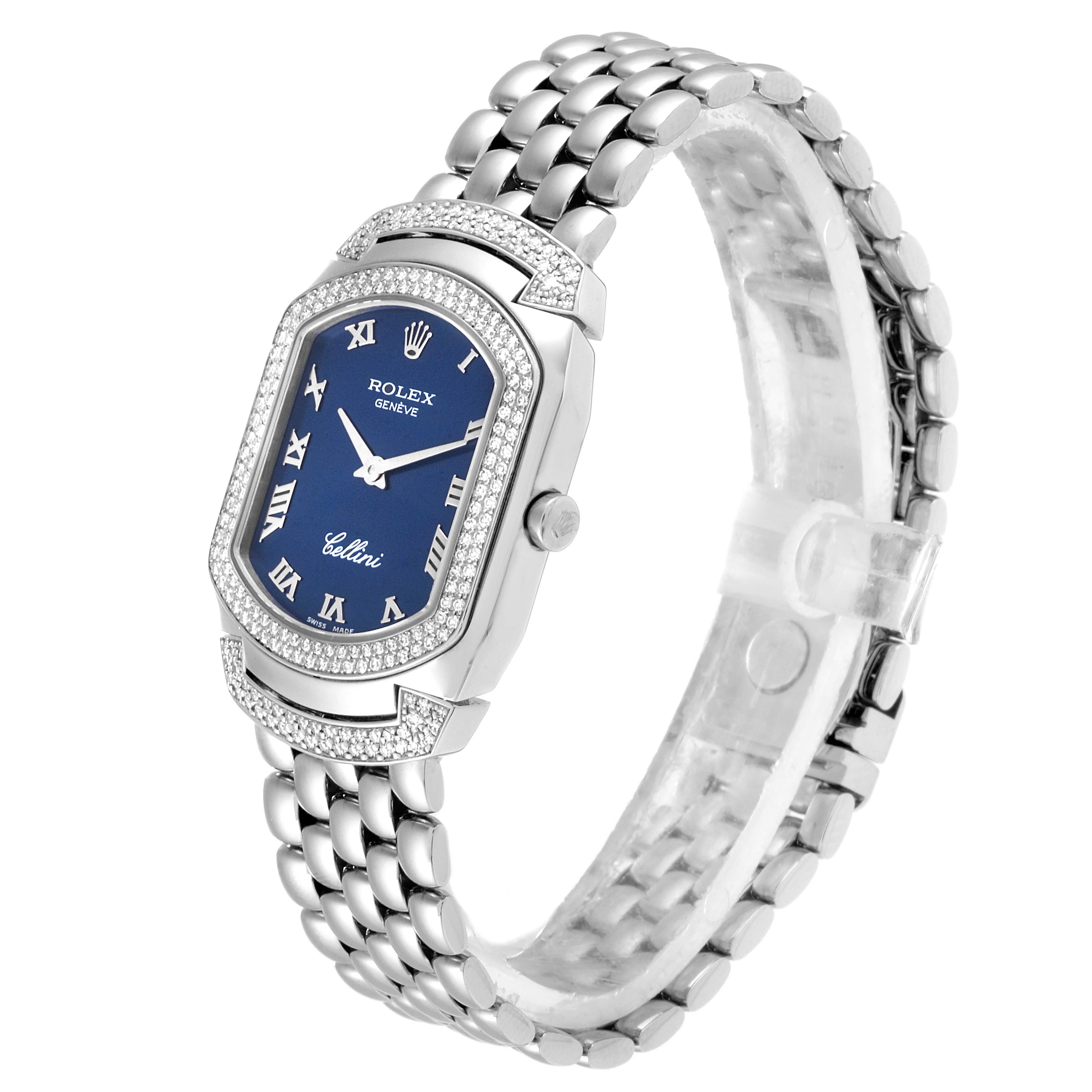 The Rolex Cellini 6693 Women's White Gold Blue Dial 6693 Women's White Gold Blue Dial watch is shown from a three-quarter angle, displaying the face, bezel, and bracelet.