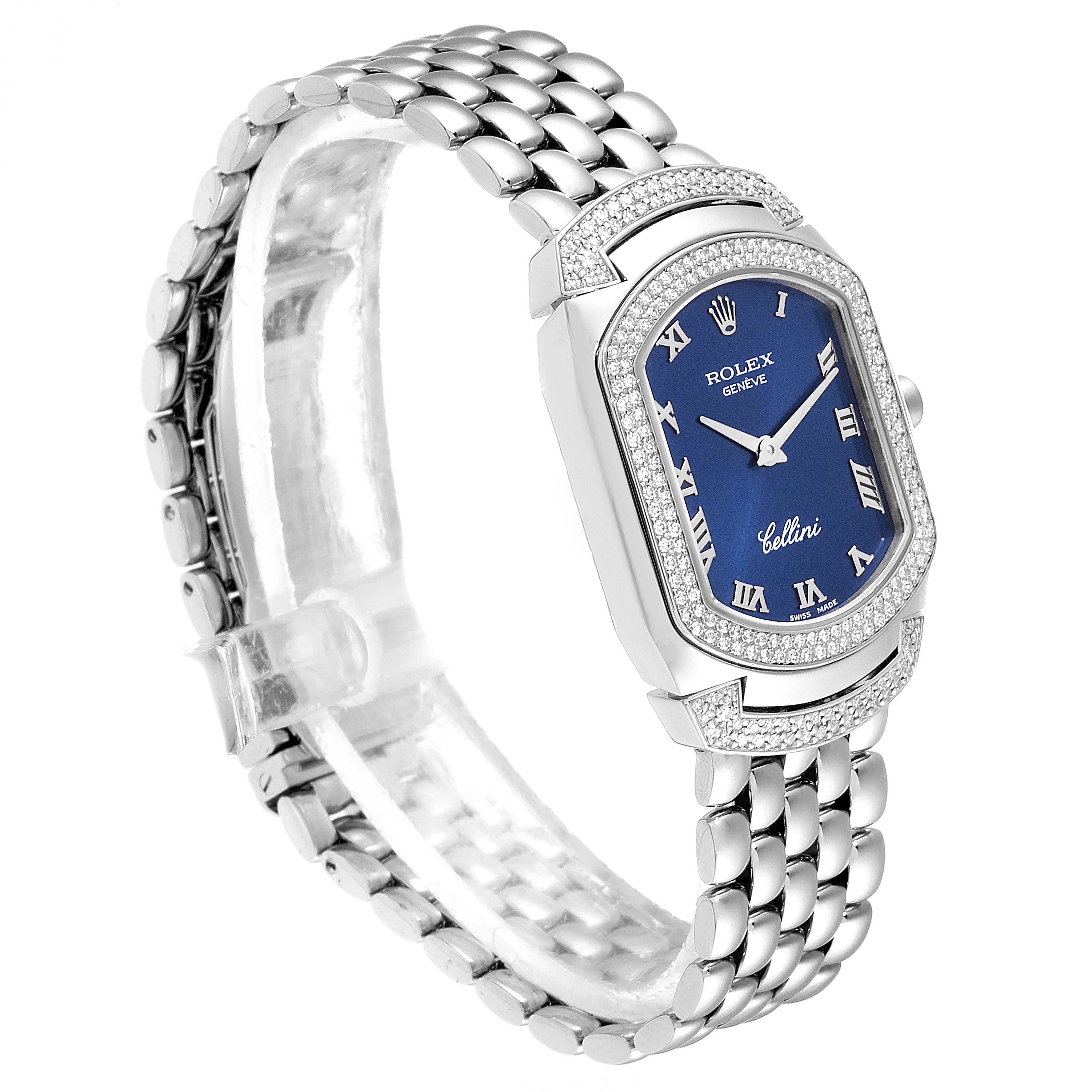 The image shows a Rolex Cellini 6693 Women's White Gold Blue Dial 6693 Women's White Gold Blue Dial watch at a slight angle, featuring the face, bezel, and a portion of the bracelet.
