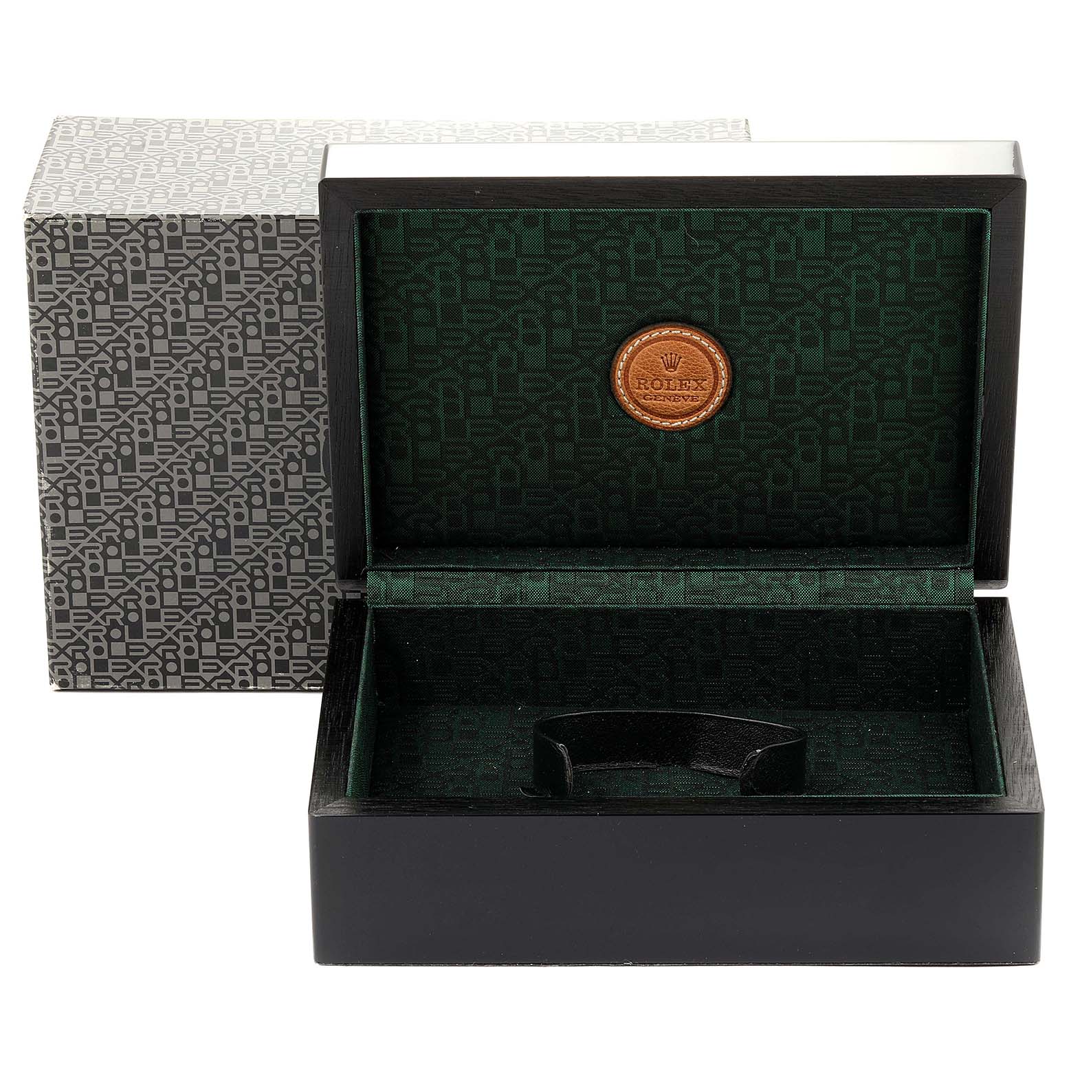 The image shows the interior of a Rolex Cellini 6693 Women's White Gold Blue Dial 6693 Women's White Gold Blue Dial watch box with green patterned lining and a Rolex insignia.