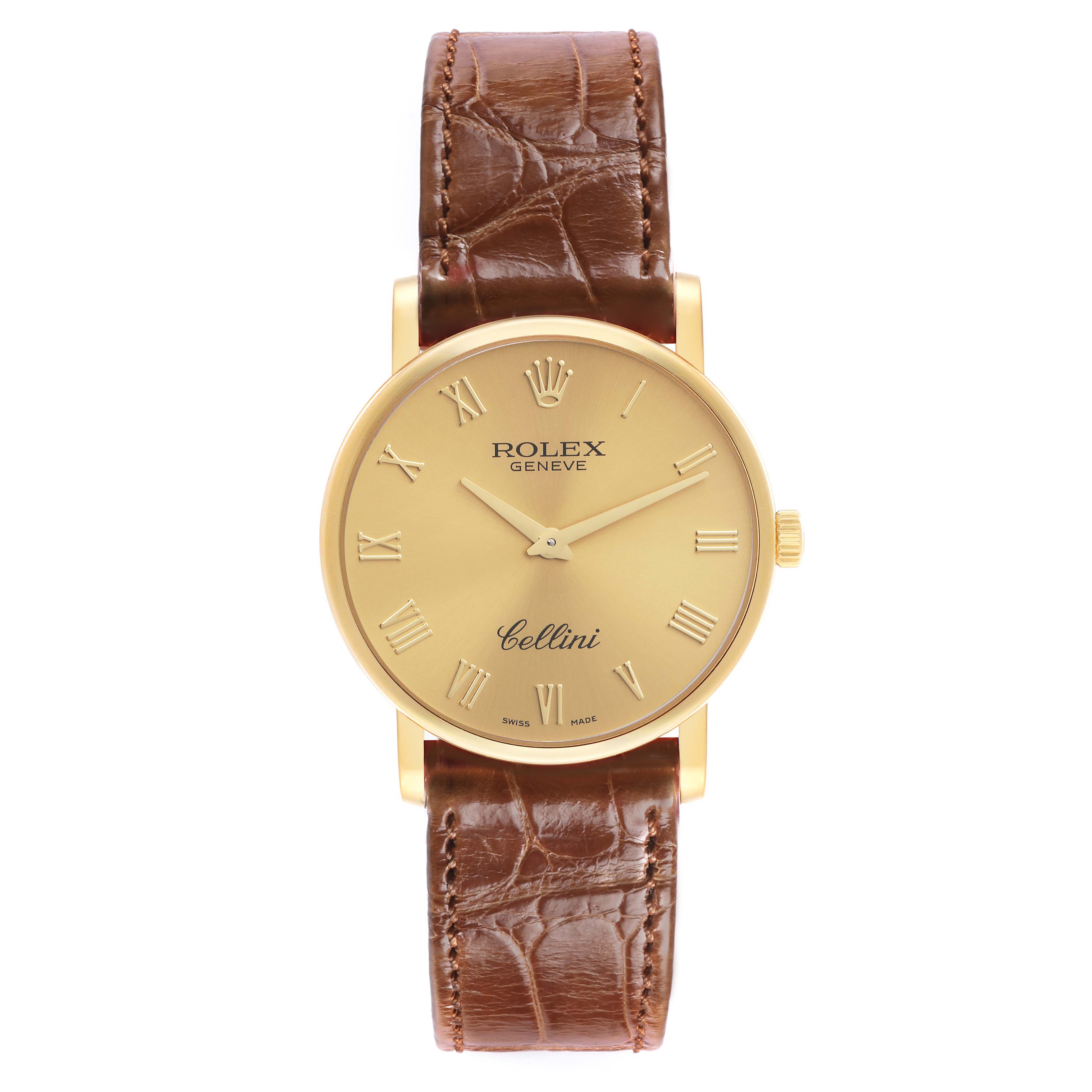 The Rolex Cellini 5115 Men's Yellow Gold Champagne Dial 5115 Men's Yellow Gold Champagne Dial watch is shown from a front angle, displaying its dial, hands, and leather strap.