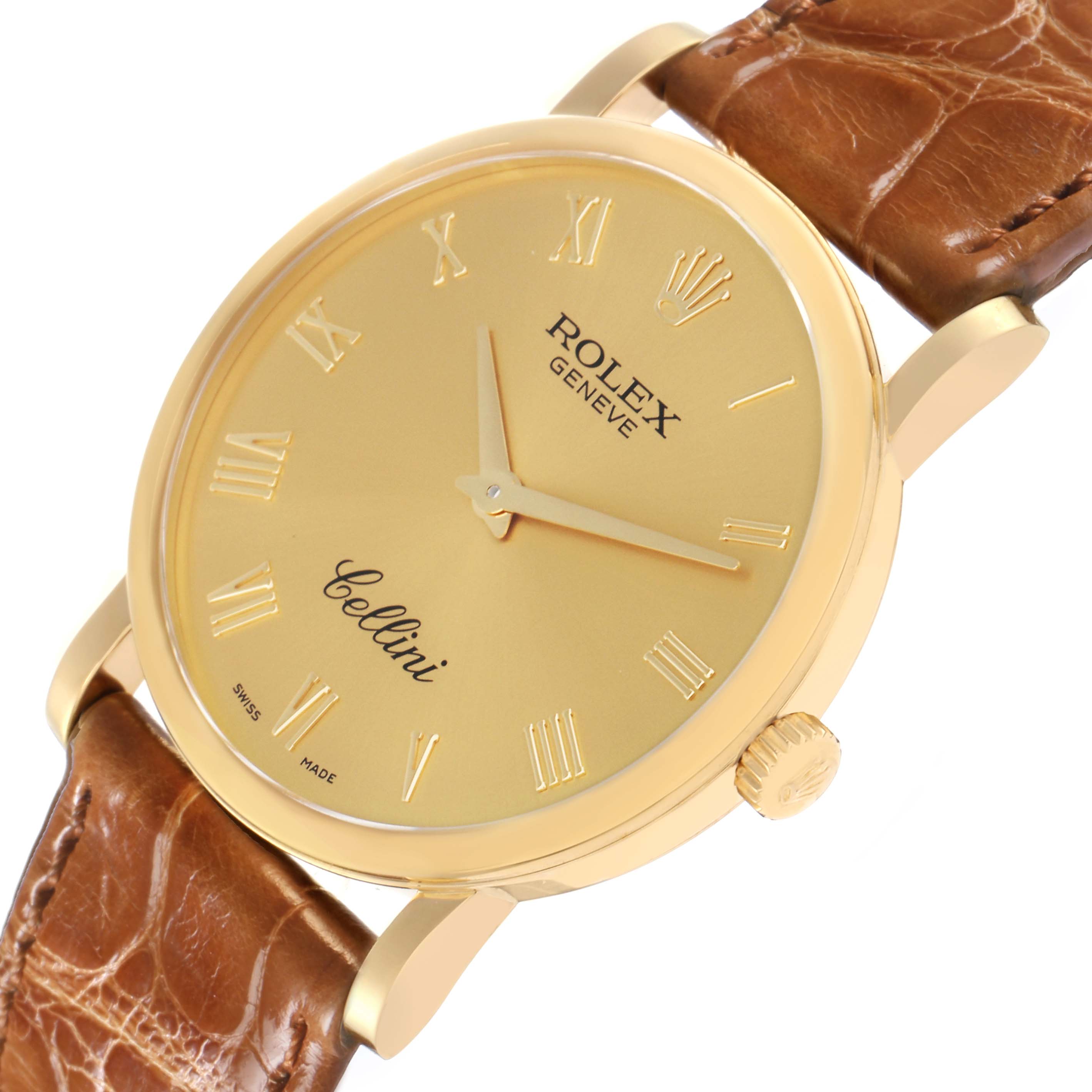 The Rolex Cellini 5115 Men's Yellow Gold Champagne Dial 5115 Men's Yellow Gold Champagne Dial watch is shown from a slightly angled top view, highlighting its gold dial, Roman numerals, and brown leather strap.