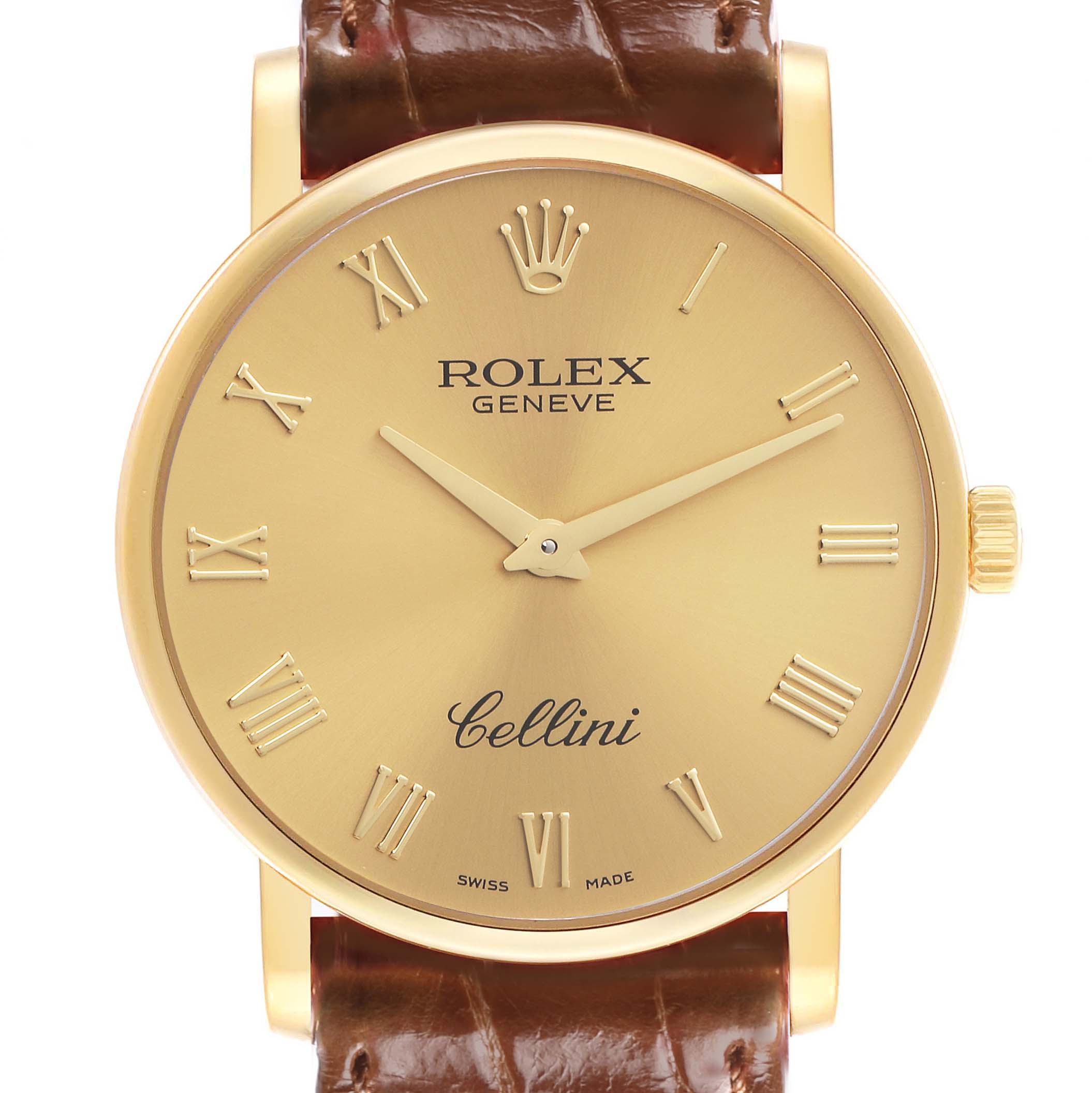 The Rolex Cellini 5115 Men's Yellow Gold Champagne Dial 5115 Men's Yellow Gold Champagne Dial watch is shown from a front angle, featuring a gold case, Roman numerals, and a brown leather strap.
