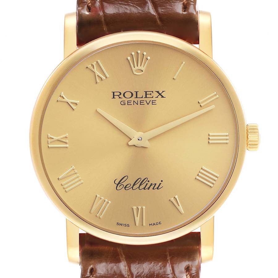 The Rolex Cellini watch is shown from a front angle, featuring a gold case, Roman numerals, and a brown leather strap.