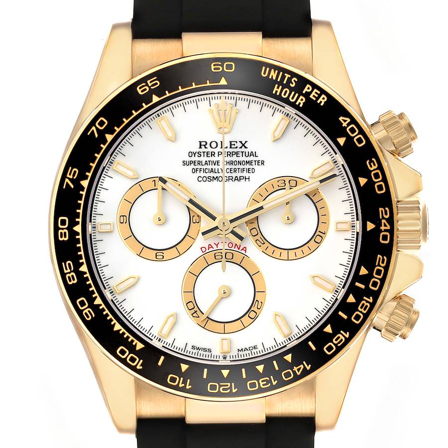 The Rolex Daytona watch is shown from the front, displaying the face, bezel, subdials, and side pushers.