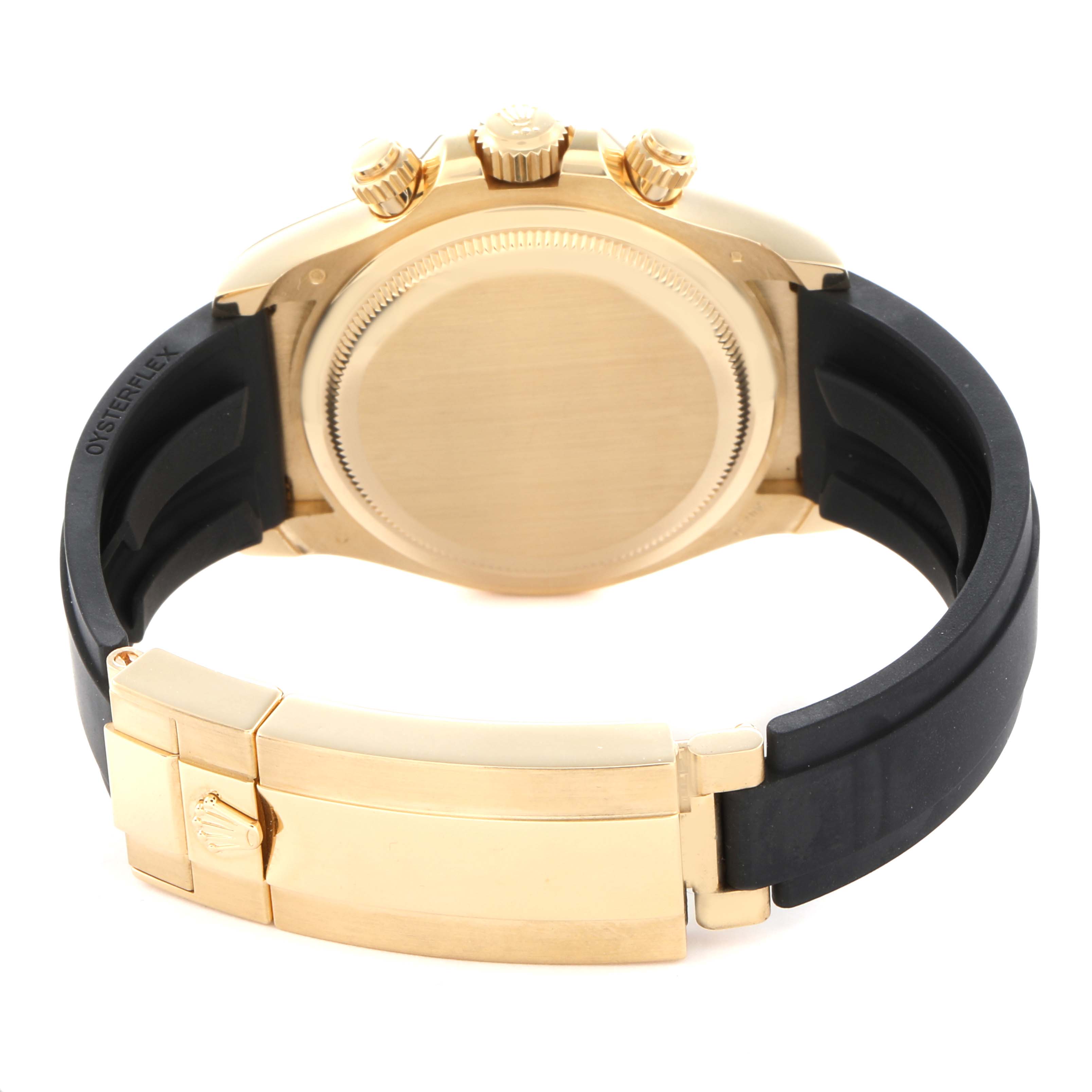 The image shows the back of a Rolex Daytona 126518 Men
s Yellow Gold White Dial 126518 Men
s Yellow Gold White Dial watch, highlighting the clasp, case back, and strap connections.