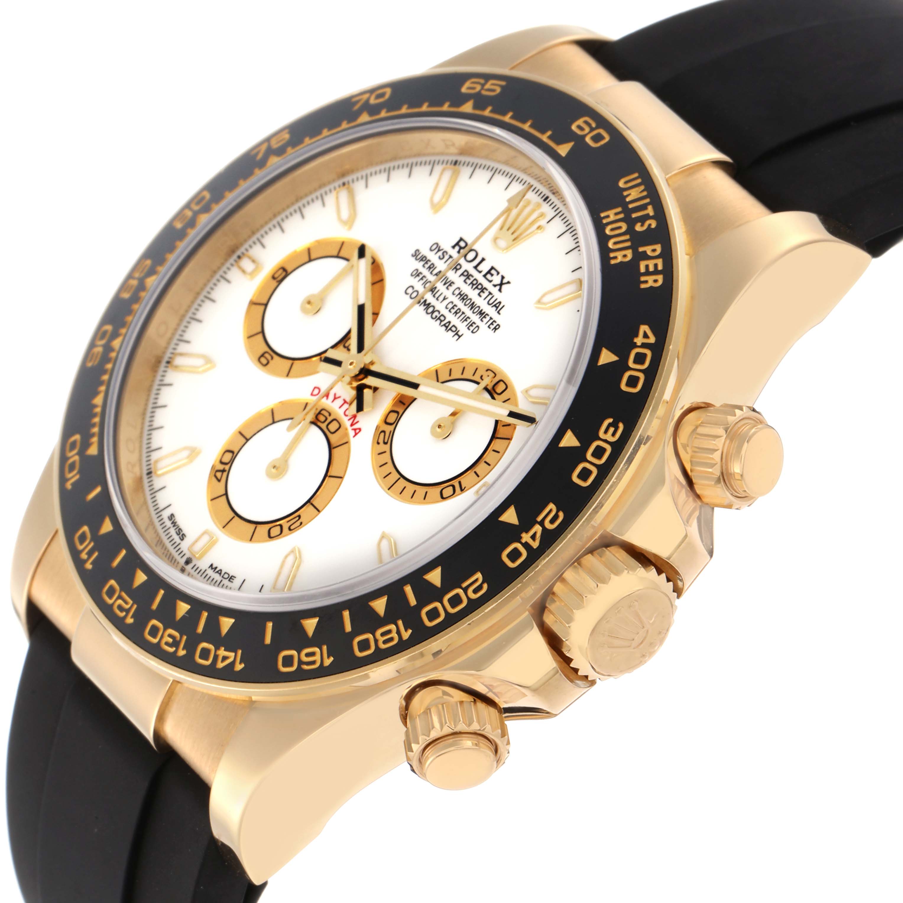 The Rolex Daytona 126518 Men
s Yellow Gold White Dial 126518 Men
s Yellow Gold White Dial is shown at an angle highlighting the dial, bezel, pushers, and part of the strap.
