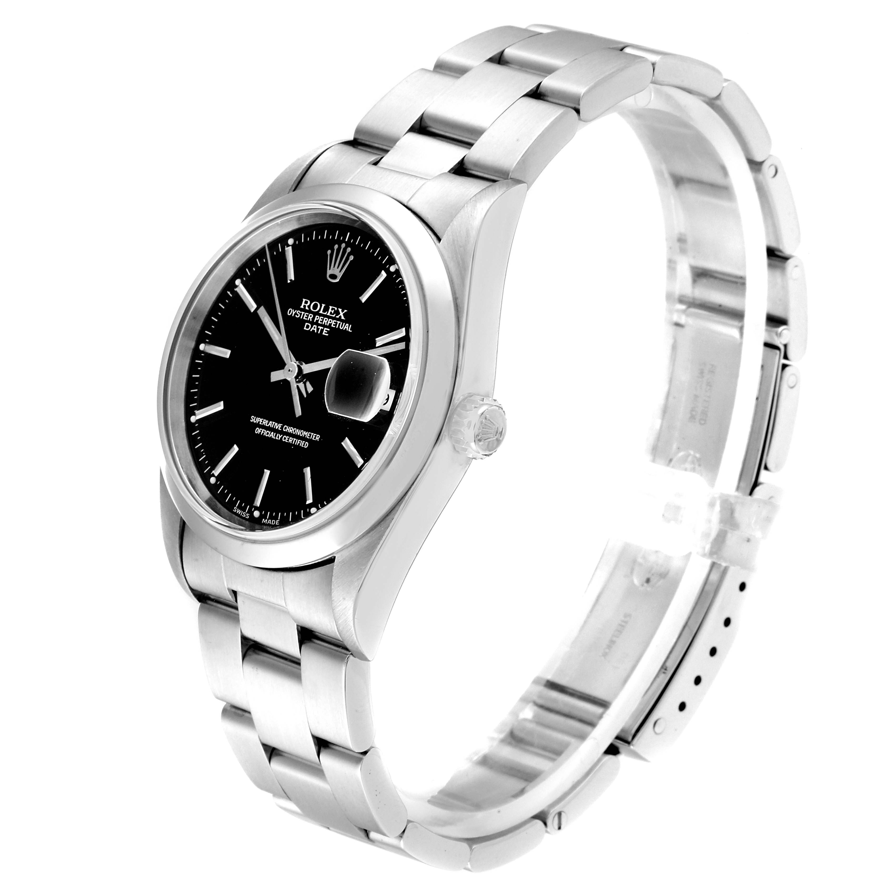 The image shows a Rolex Date 15200 Men's Stainless Steel Black Dial 15200 Men's Stainless Steel Black Dial model from an angled side view, highlighting the watch face, bracelet, and clasp.