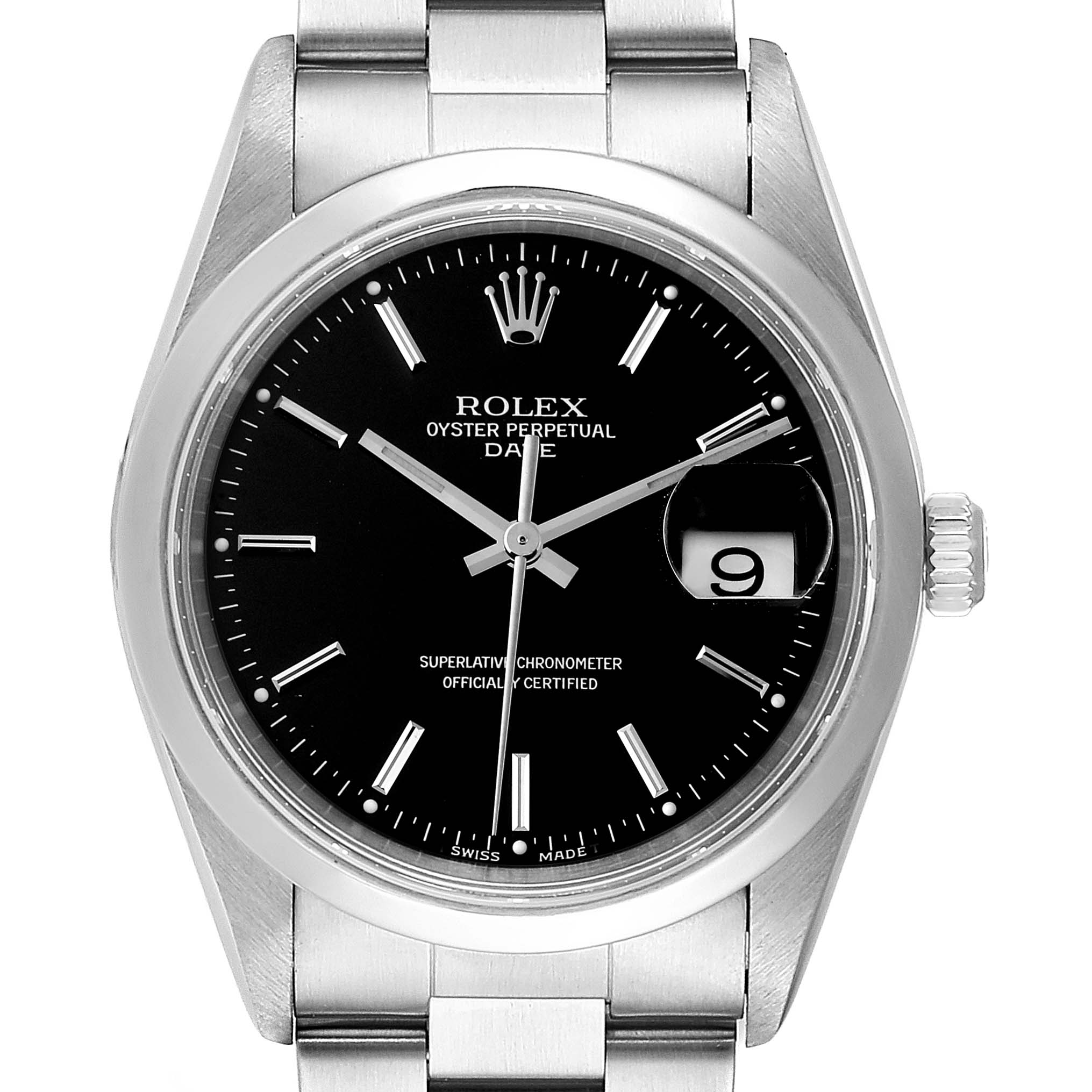 This image shows a front view of a Rolex Date 15200 Men's Stainless Steel Black Dial 15200 Men's Stainless Steel Black Dial model watch, featuring its black dial, stainless steel case, and bracelet.