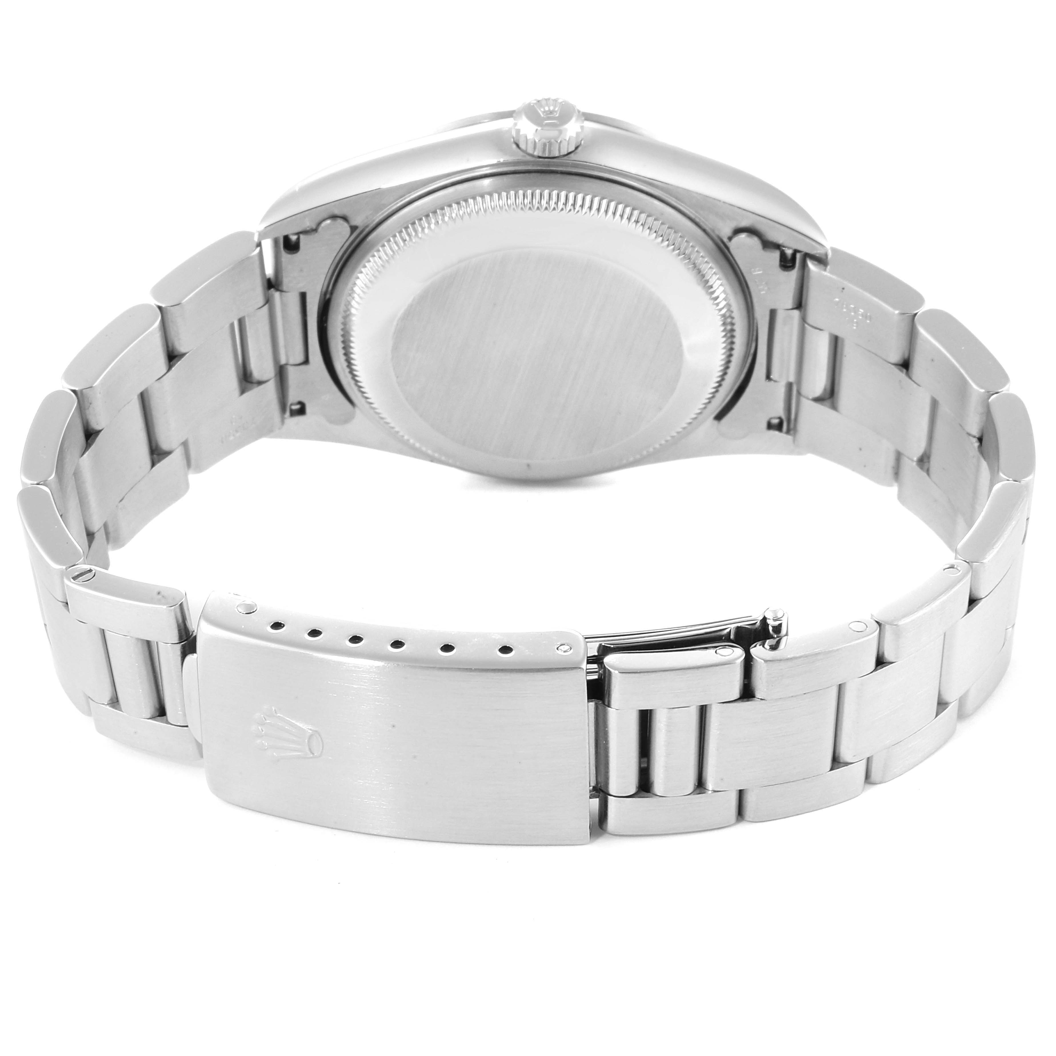 The image shows the back case, crown, and bracelet clasp of a Rolex Date 15200 Men's Stainless Steel Black Dial 15200 Men's Stainless Steel Black Dial model watch.