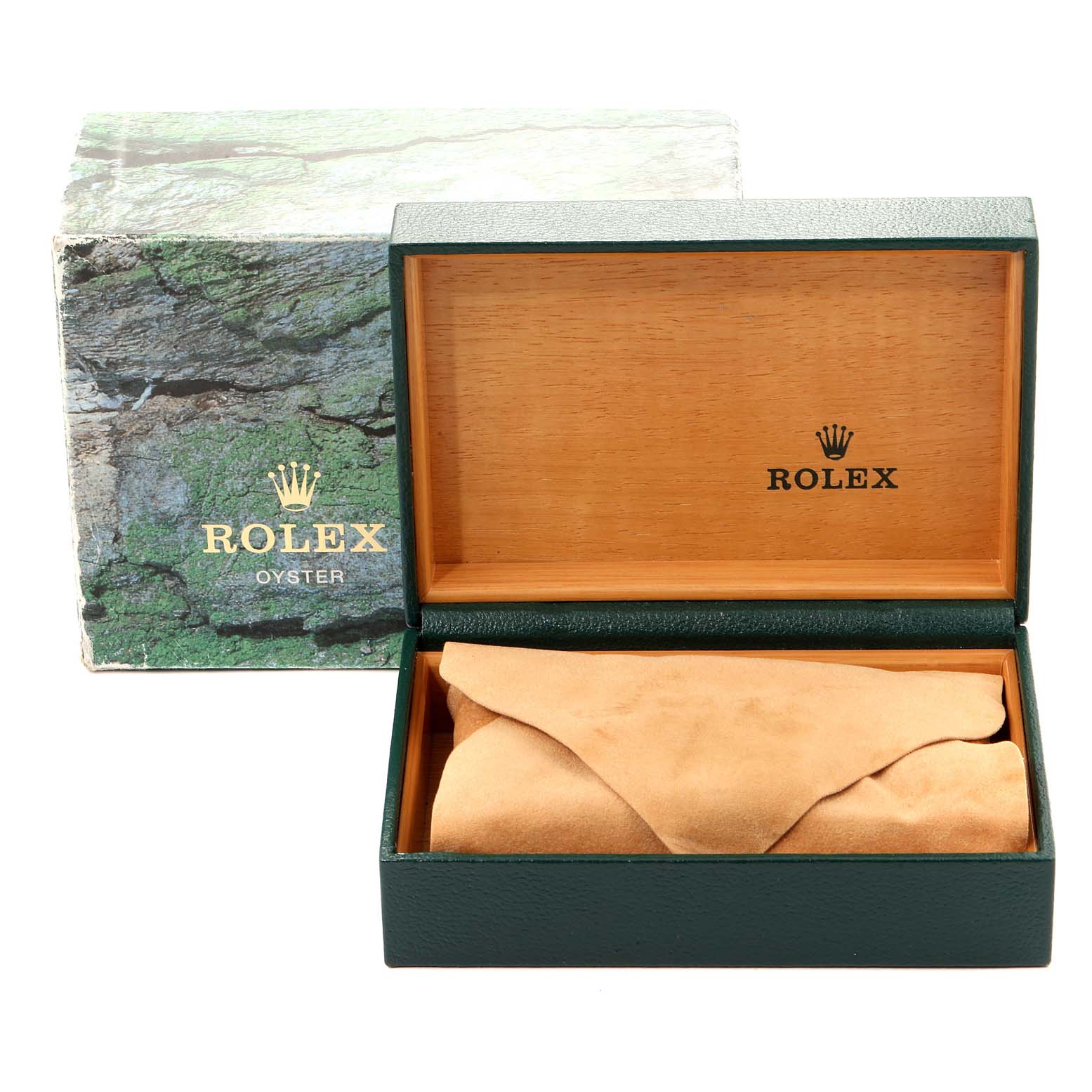 The image shows the packaging box for a Rolex Oyster Date model watch, including the outer box and inner case.