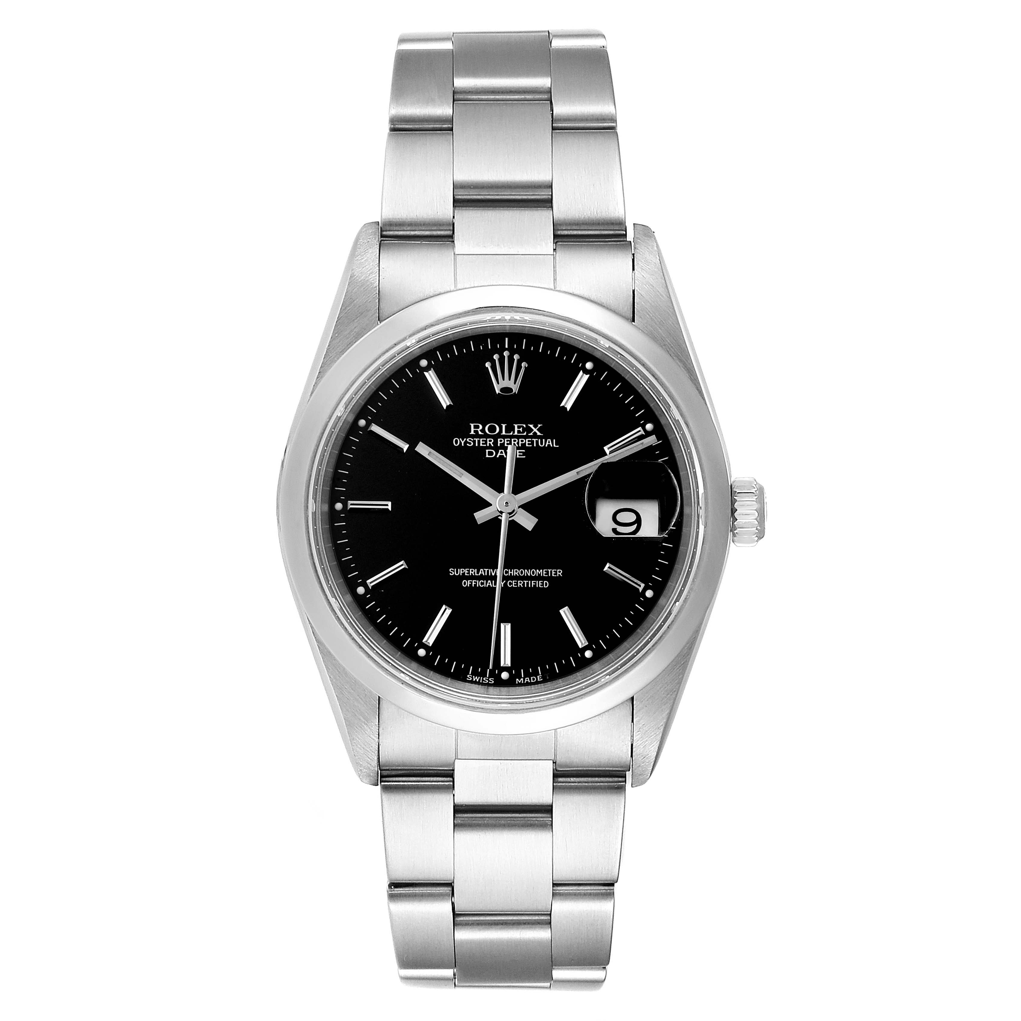 This image shows a front view of a Rolex Date 15200 Men's Stainless Steel Black Dial 15200 Men's Stainless Steel Black Dial model watch, featuring its black dial, date window, and stainless steel bracelet.