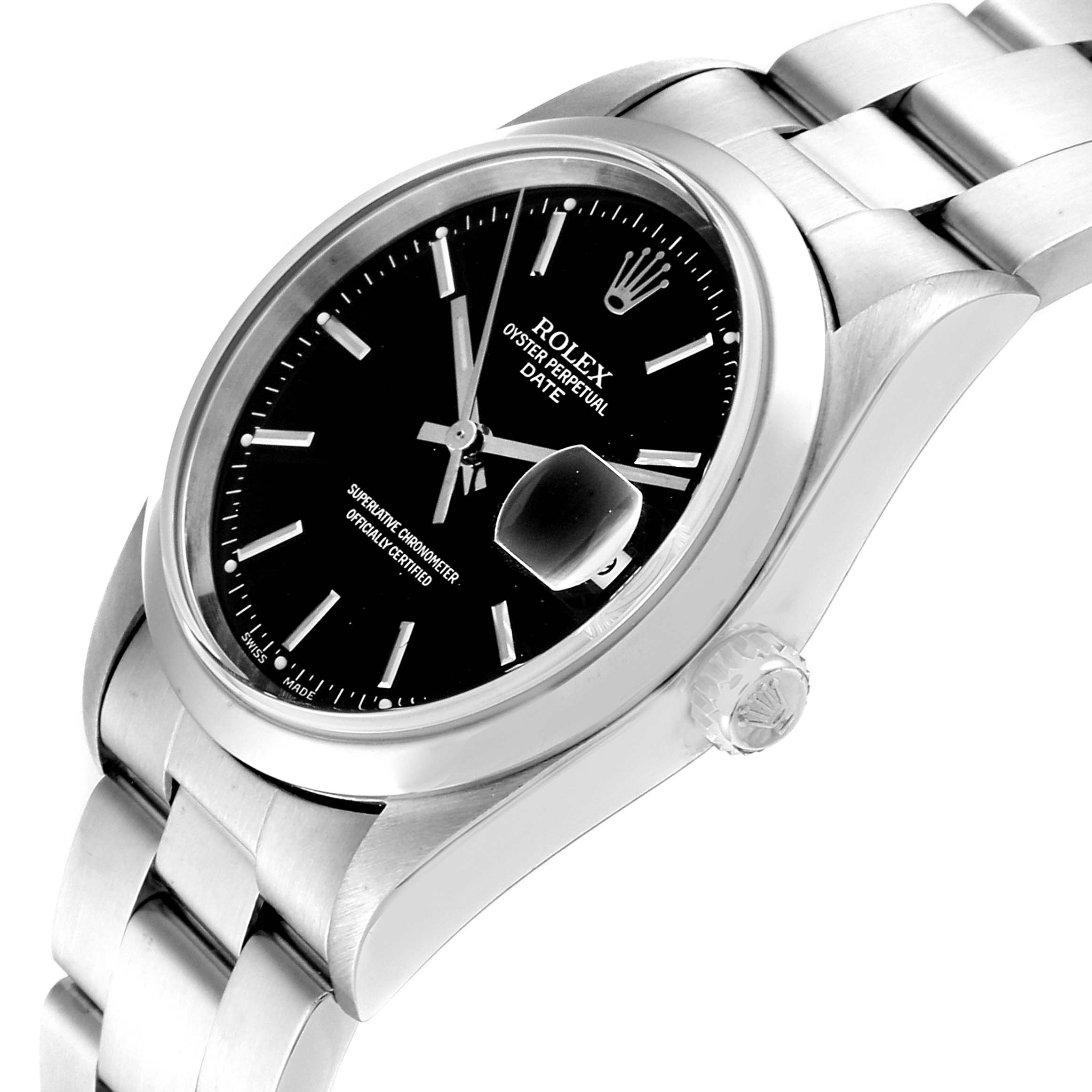 The Rolex Date 15200 Men's Stainless Steel Black Dial 15200 Men's Stainless Steel Black Dial model watch is shown at a diagonal angle, displaying its face, crown, and part of the bracelet.