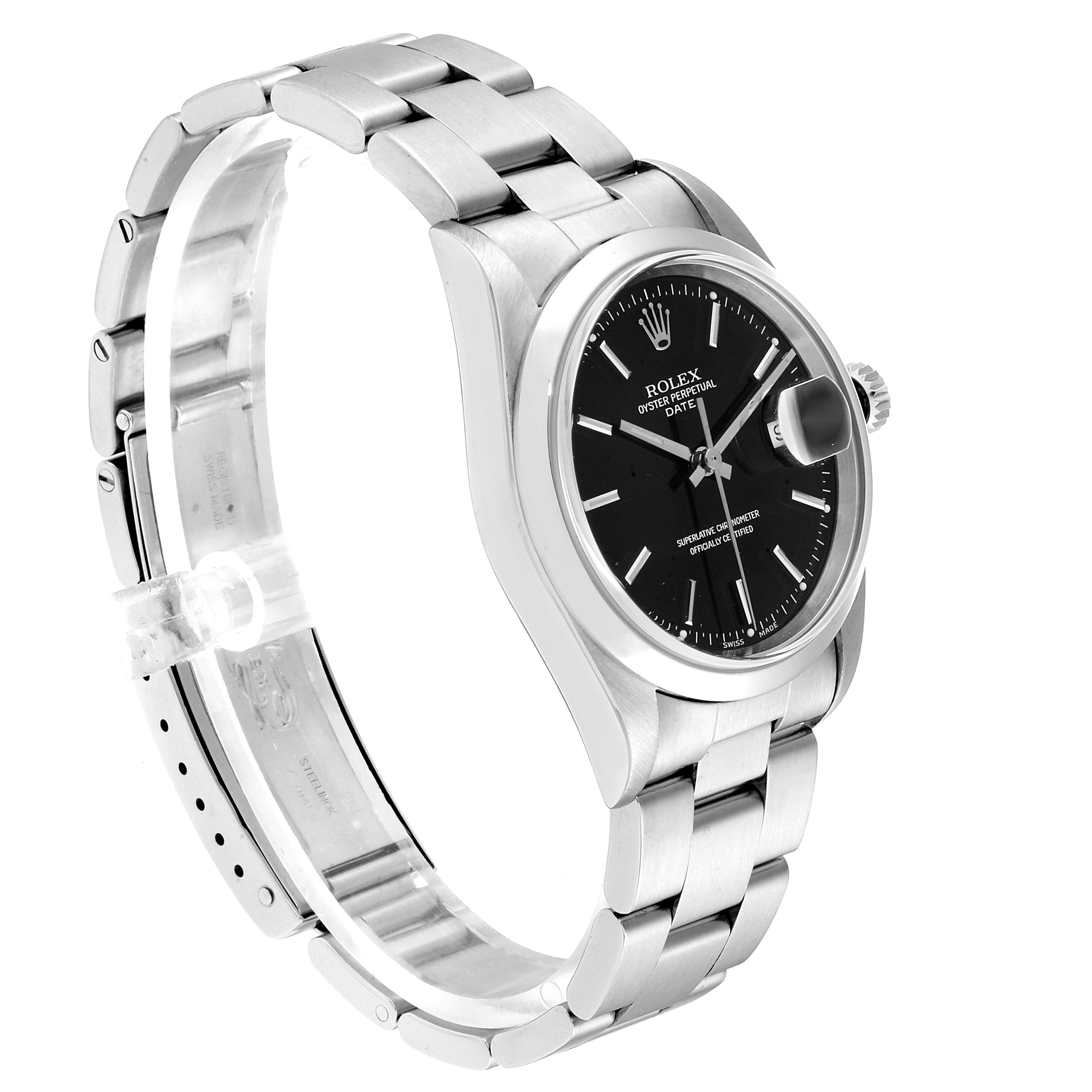 The image shows a side-angle view of a Rolex Date 15200 Men's Stainless Steel Black Dial 15200 Men's Stainless Steel Black Dial model watch, highlighting the stainless steel bracelet and black dial.