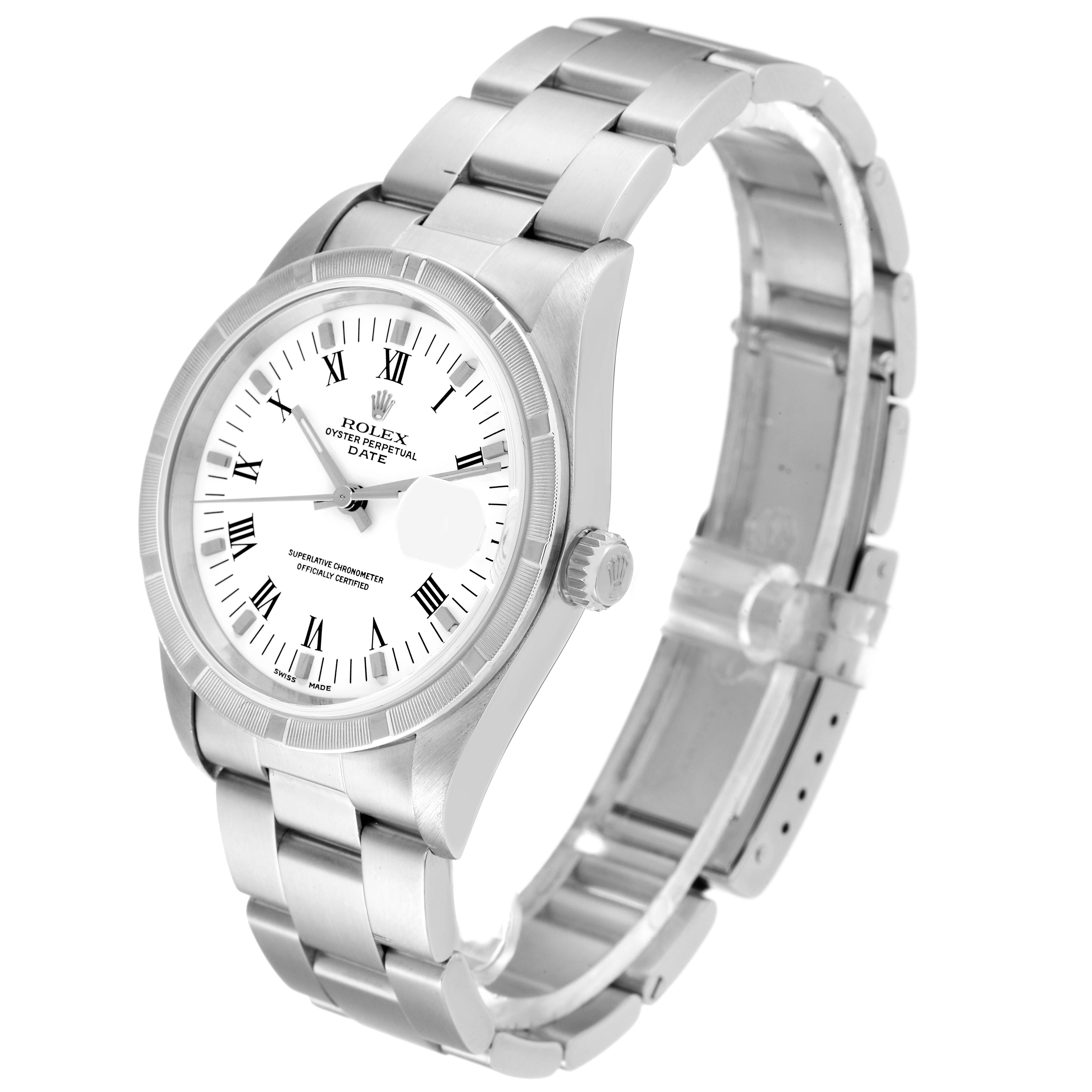 The image shows a side and front angle of a Rolex Date 15210 Men's Stainless Steel White Dial 15210 Men's Stainless Steel White Dial model watch, highlighting the face, bezel, bracelet, and crown.