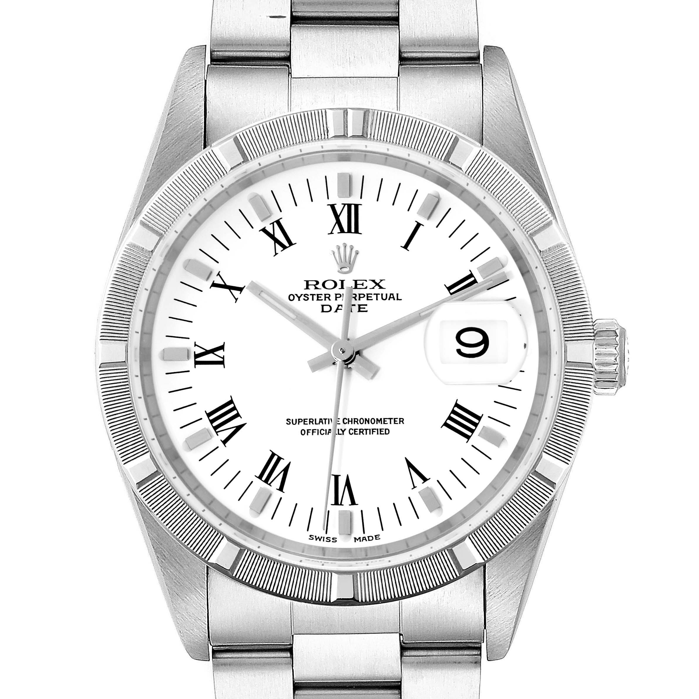 The image shows a front view of a Rolex Date 15210 Men's Stainless Steel White Dial 15210 Men's Stainless Steel White Dial model watch, displaying its dial, bezel, crown, and bracelet.