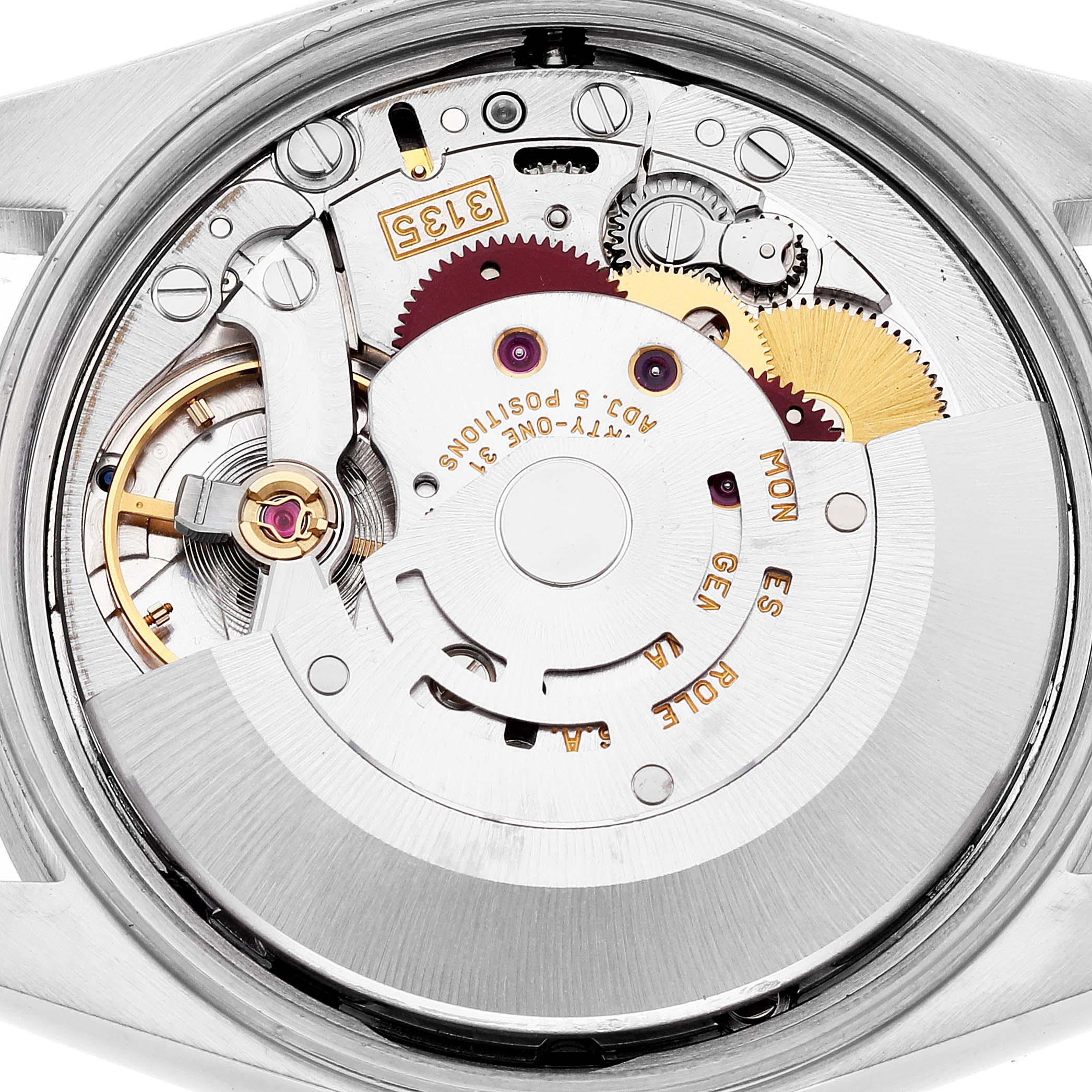 The image shows the movement and inner mechanics of the Rolex Date 15210 Men's Stainless Steel White Dial 15210 Men's Stainless Steel White Dial model watch from a back view angle.