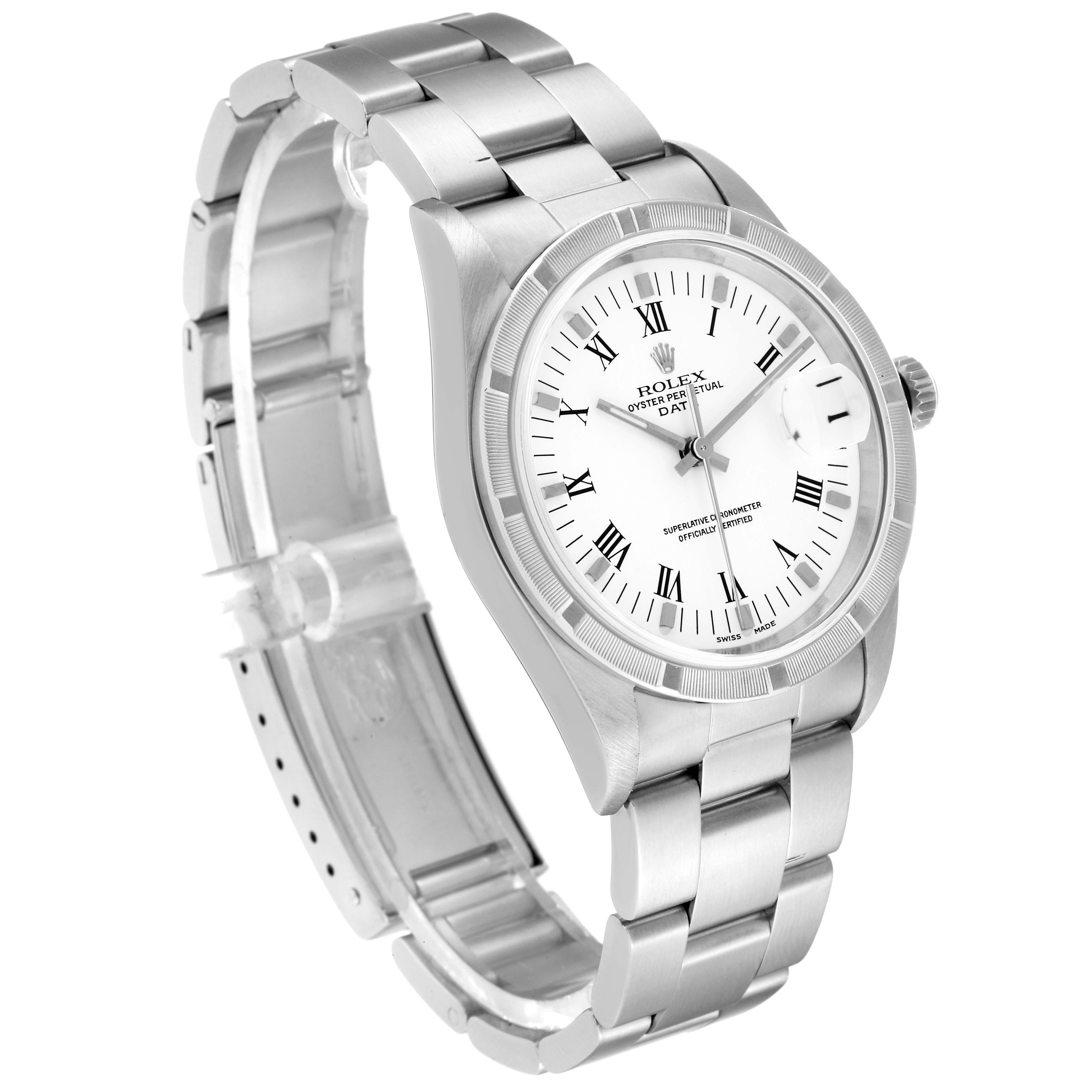 The Rolex Date 15210 Men's Stainless Steel White Dial 15210 Men's Stainless Steel White Dial model watch is shown at a slight angle, displaying the face, bezel, case, and bracelet.