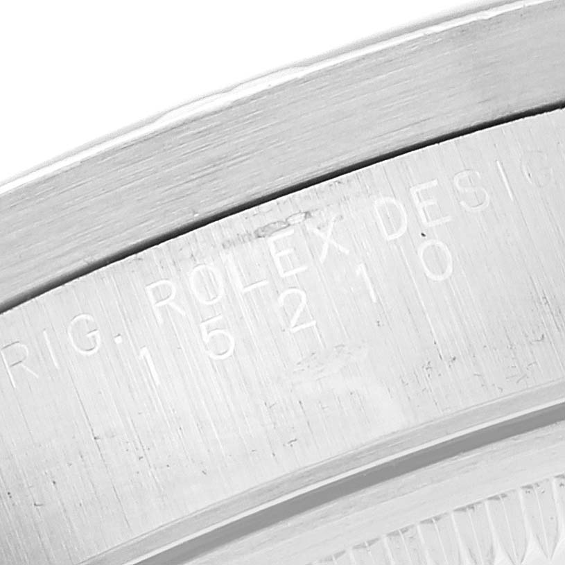The image shows a close-up of the inner bezel with the engraved model number of a Rolex Date 15210 Men's Stainless Steel White Dial 15210 Men's Stainless Steel White Dial watch.