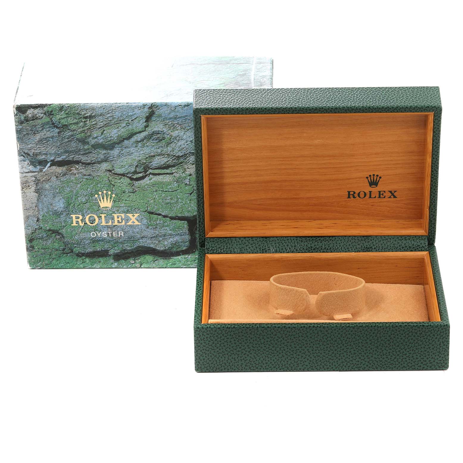 The image shows an open Rolex Date 15210 Men's Stainless Steel White Dial 15210 Men's Stainless Steel White Dial model watch box with its green outer box and wooden interior.