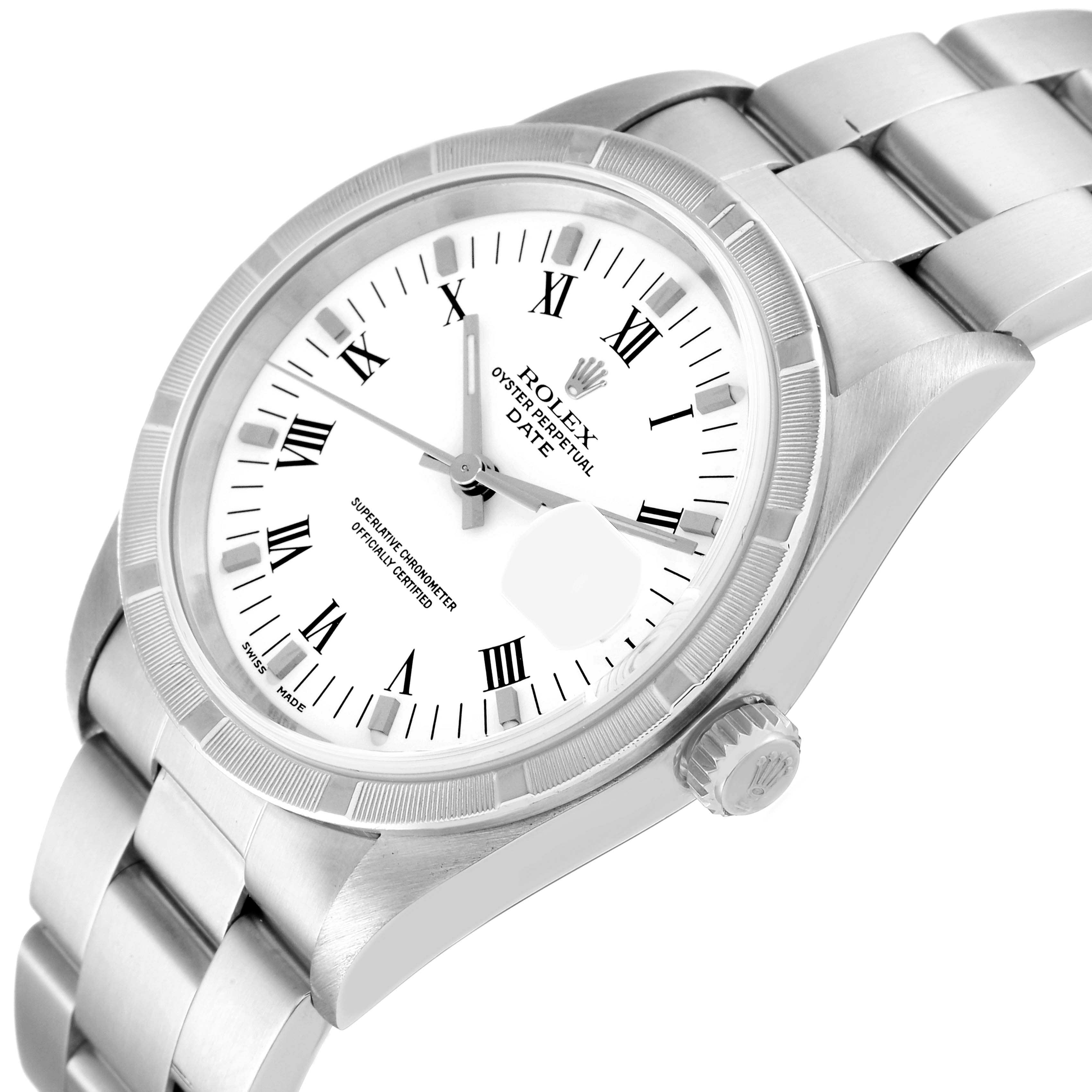 The image shows a Rolex Date 15210 Men's Stainless Steel White Dial 15210 Men's Stainless Steel White Dial model watch at an angled view, highlighting the dial, bezel, crown, and part of the bracelet.