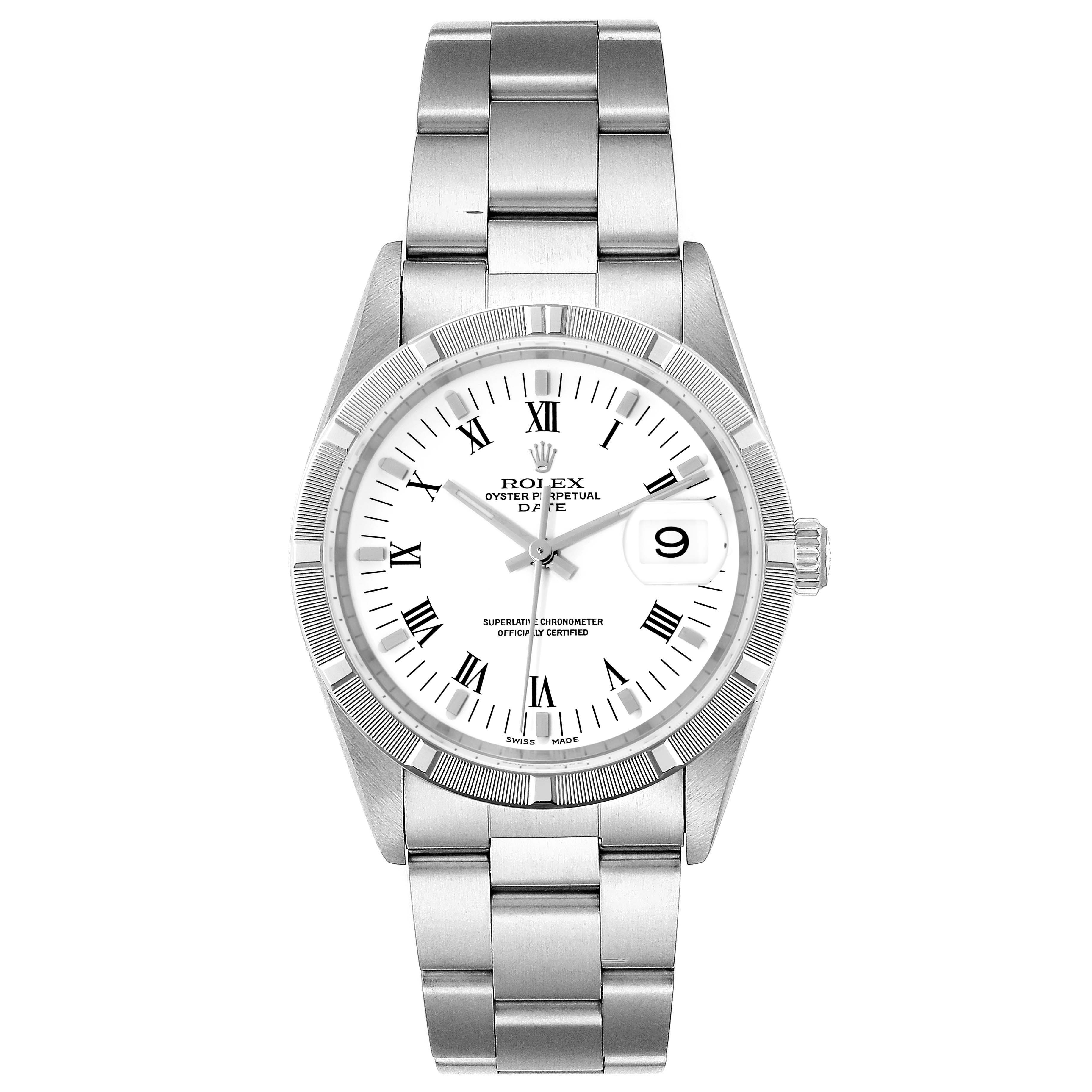 The image shows a front view of a Rolex Oyster Perpetual Date watch, displaying the dial, bezel, and bracelet.