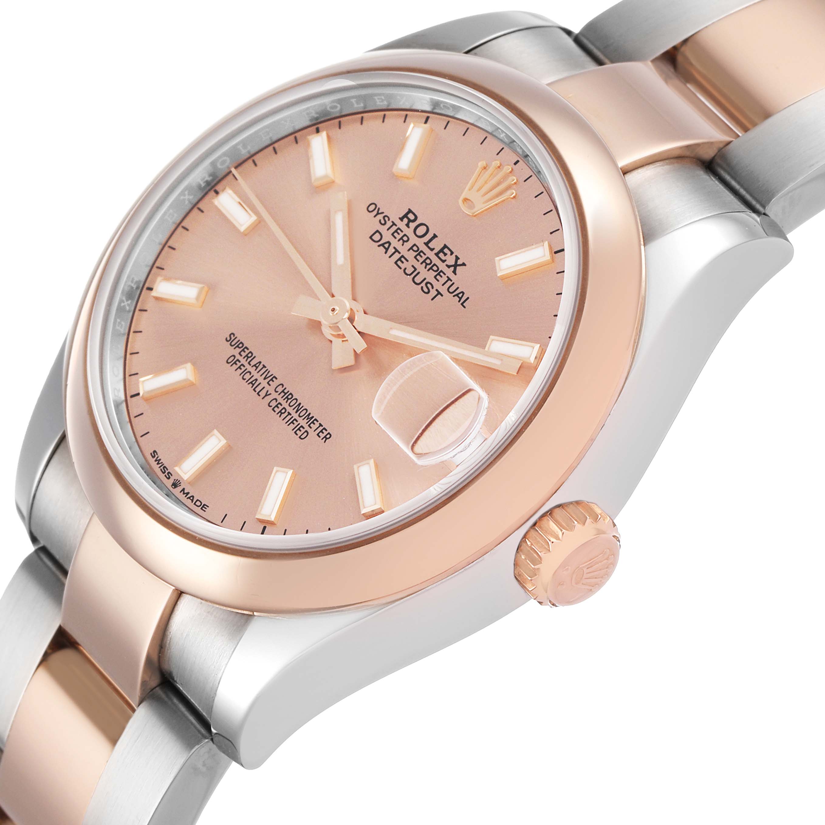 The Rolex Datejust 278241-0009 Women's Steel and Gold (two tone) Pink Dial watch is shown at an angle highlighting the dial, bezel, crown, and part of the bracelet.