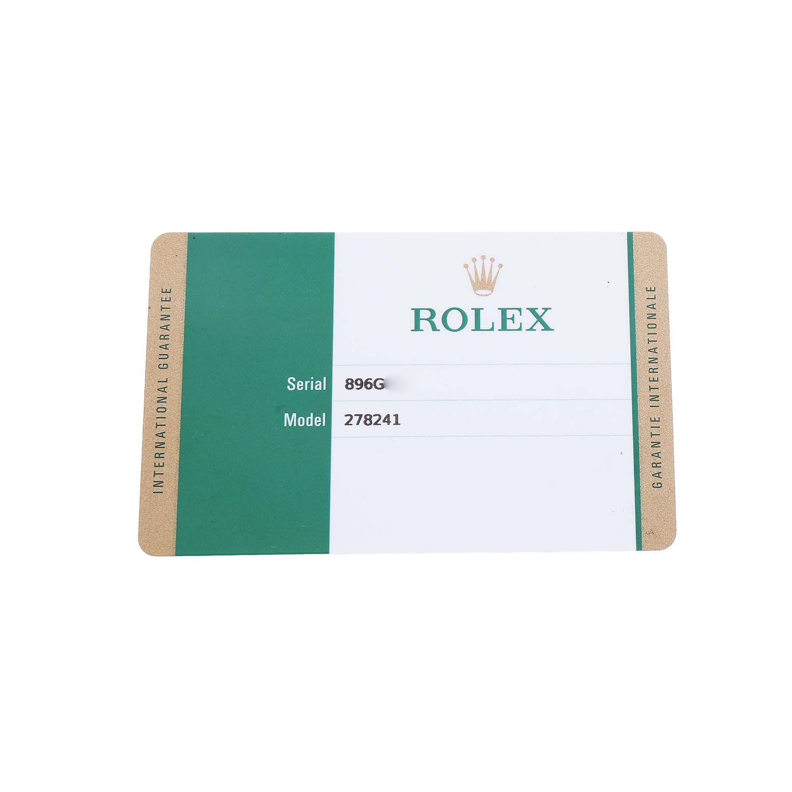 The image shows a flat view of a Rolex International Guarantee card for a Datejust model.