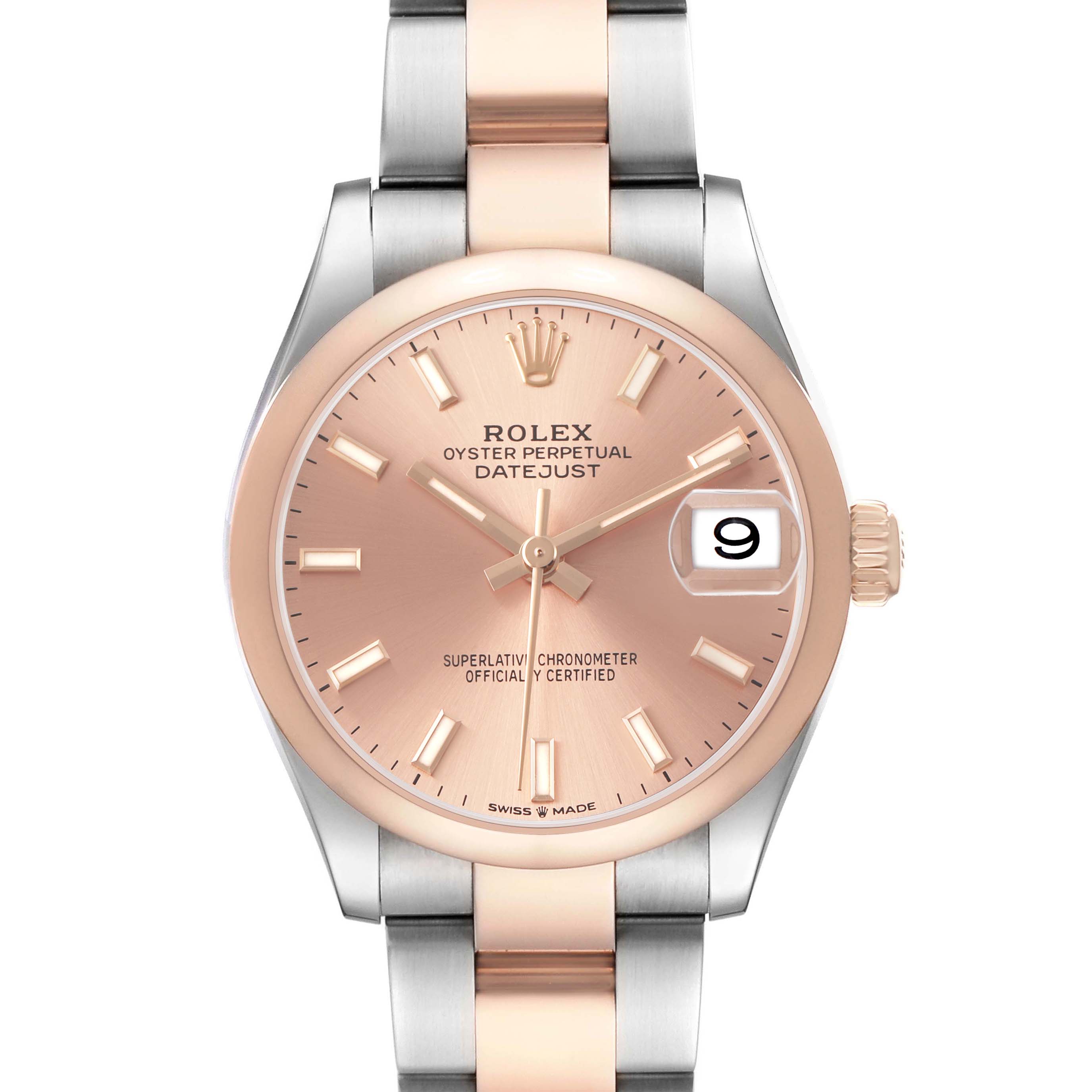 The image shows a front view of the Rolex Datejust 278241-0009 Women's Steel and Gold (two tone) Pink Dial, highlighting the dial, bezel, crown, and bracelet.
