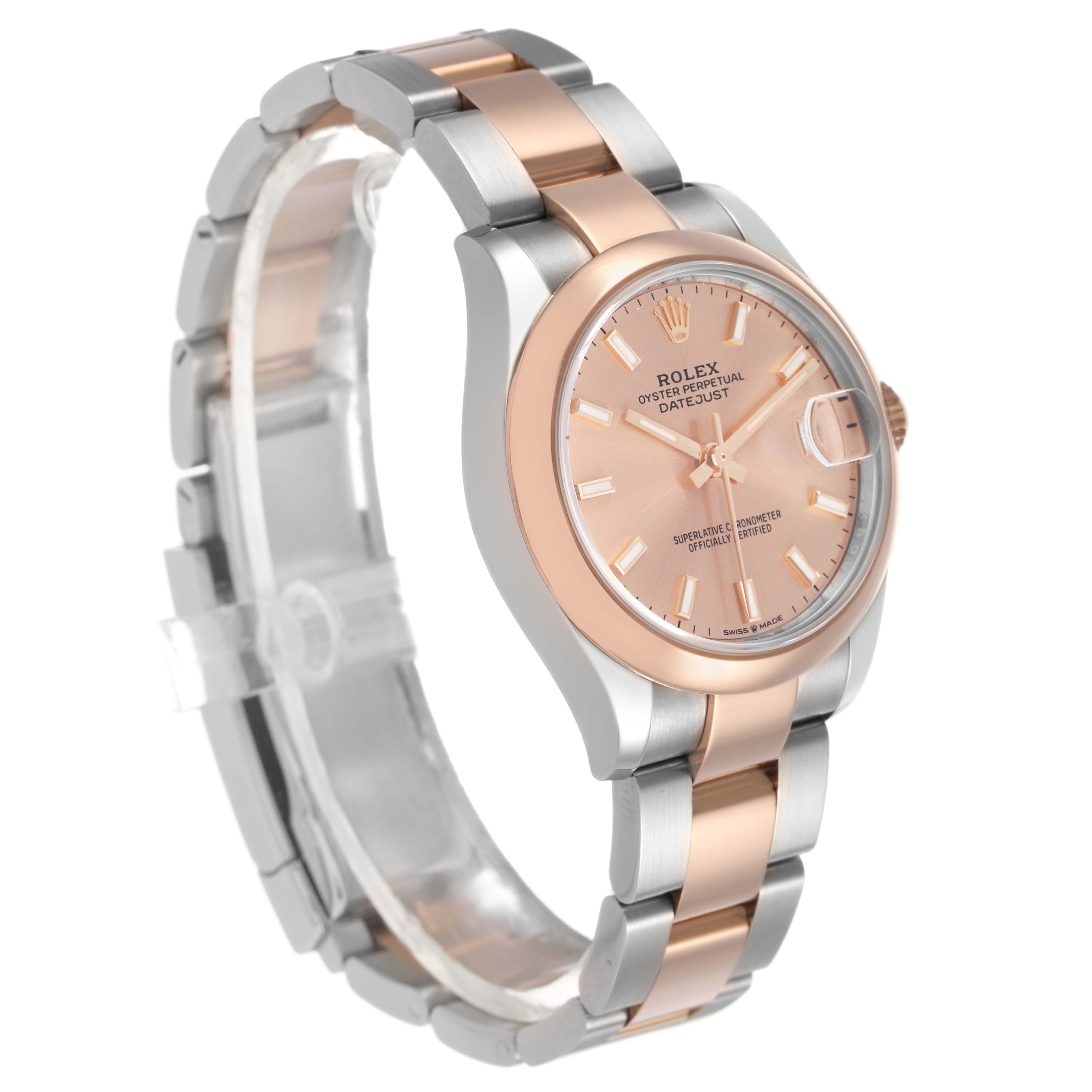 This Rolex Datejust 278241-0009 Women's Steel and Gold (two tone) Pink Dial is shown at a three-quarter angle highlighting the face, bezel, and two-tone bracelet.