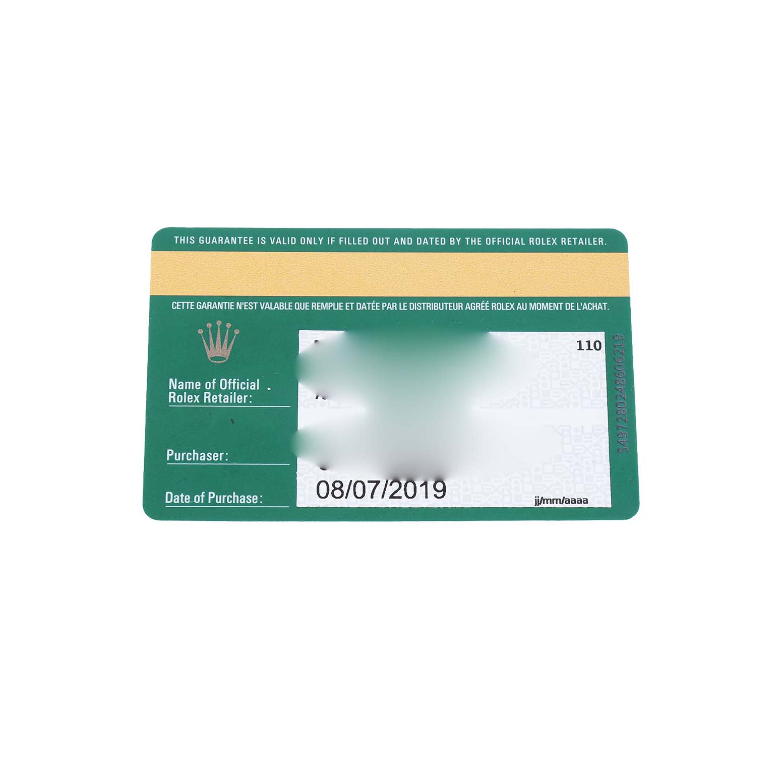 The image shows a Rolex Datejust 278241-0009 Women's Steel and Gold (two tone) Pink Dial warranty card with retail information and a purchase date.
