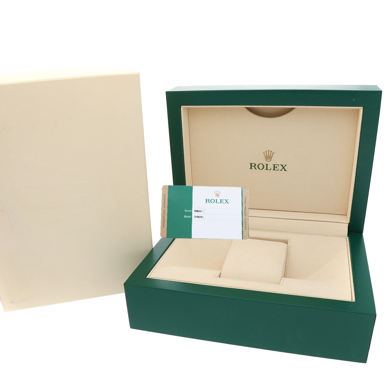 The image shows a Rolex Mid-Size 278241-0009 Women's Steel and Gold (two tone) Pink Dial watch box open, displaying the interior with a warranty card.