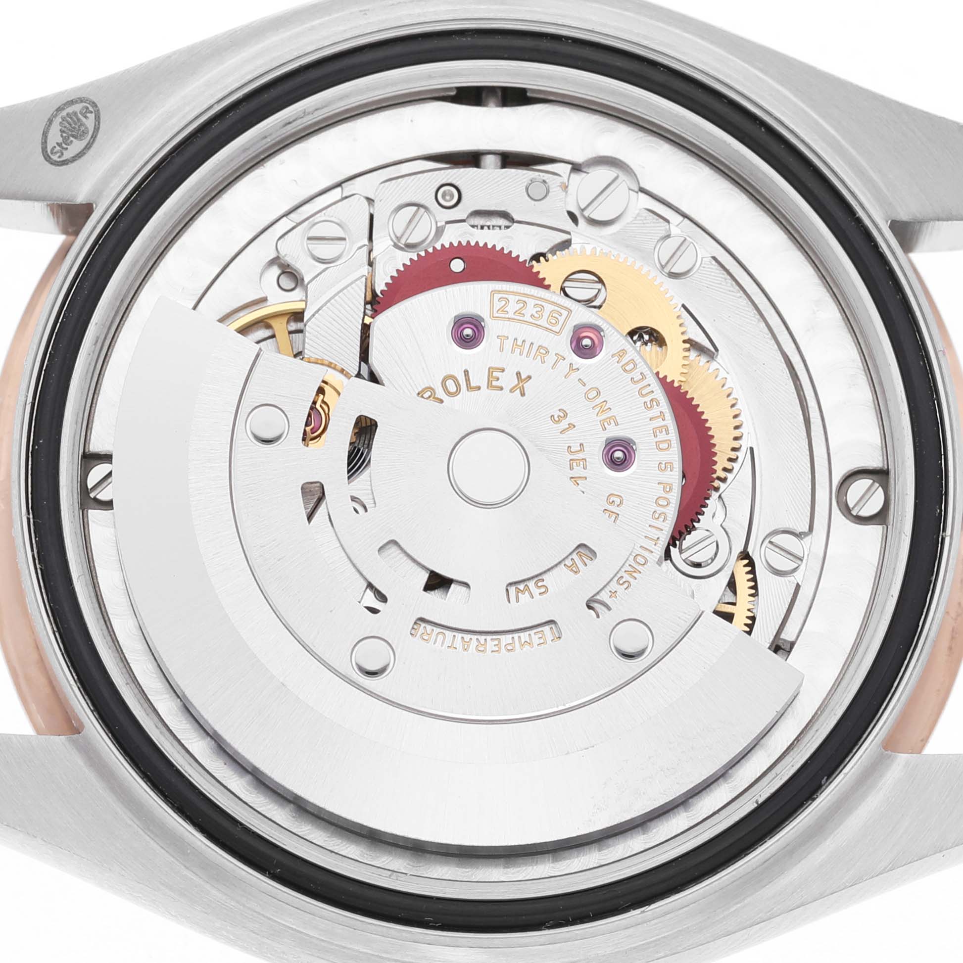The image shows the movement from the back of a Rolex Datejust 278241-0009 Women's Steel and Gold (two tone) Pink Dial, highlighting gears and rotor details.