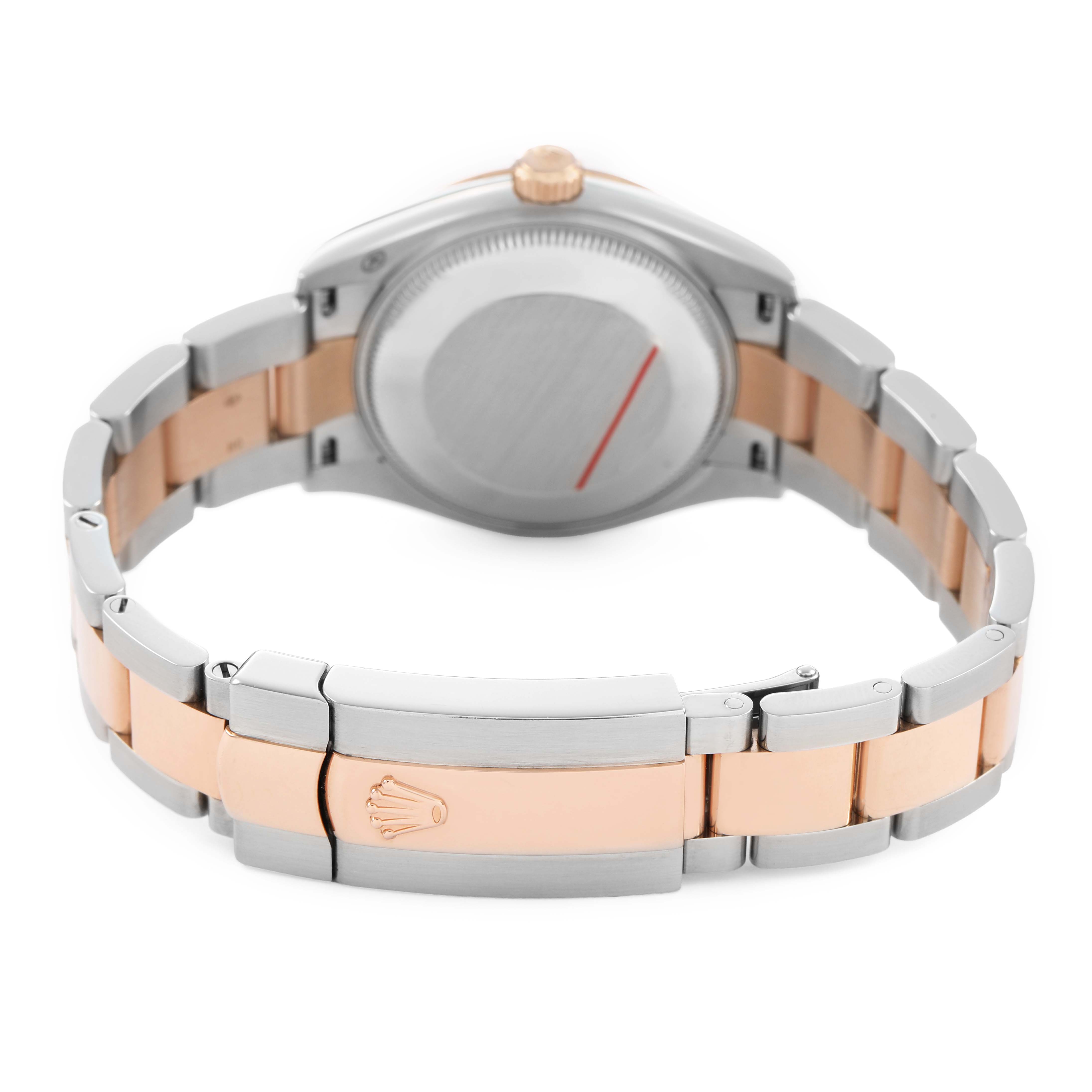 The image shows the back of a Rolex Datejust 278241-0009 Women's Steel and Gold (two tone) Pink Dial watch, highlighting the case, crown, and two-tone bracelet with the clasp.