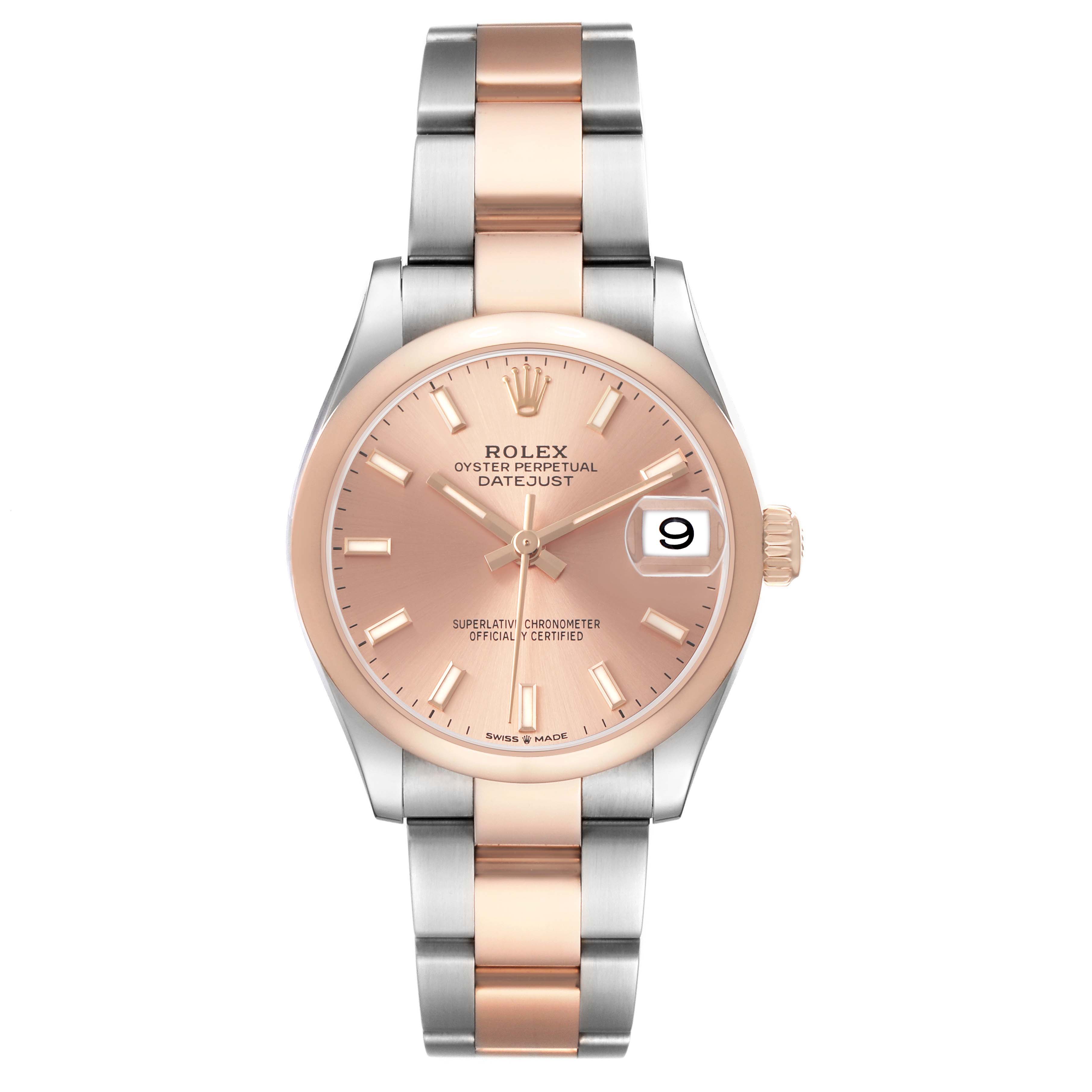 This Rolex Datejust 278241-0009 Women's Steel and Gold (two tone) Pink Dial watch is shown from a top-down angle, displaying the dial, hands, bracelet, and date window.